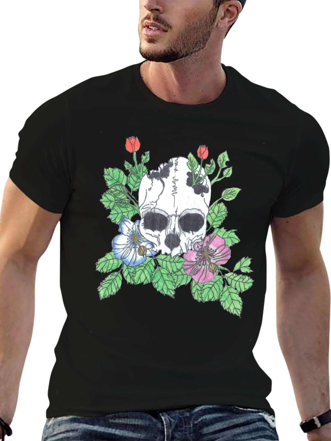 Black Skull Floral Graphic Tee - Stylish Black T-Shirt view 6