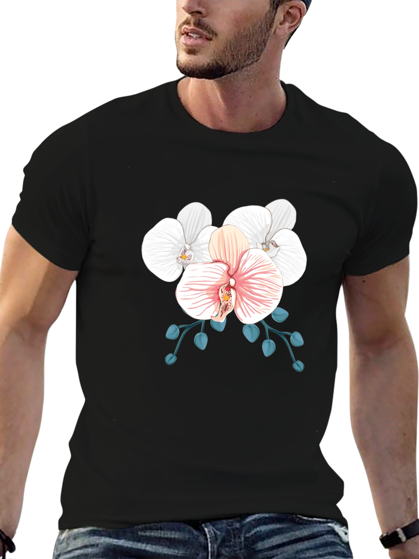 Black Floral Orchid Graphic Tee - Black Cotton Blend view 6