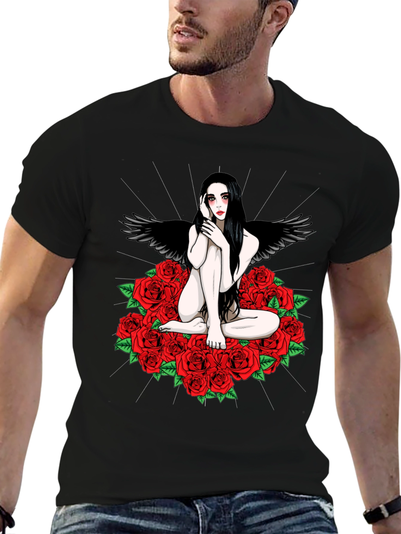 Black Gothic Angel Rose T-Shirt - Dark Fantasy Tee view 6