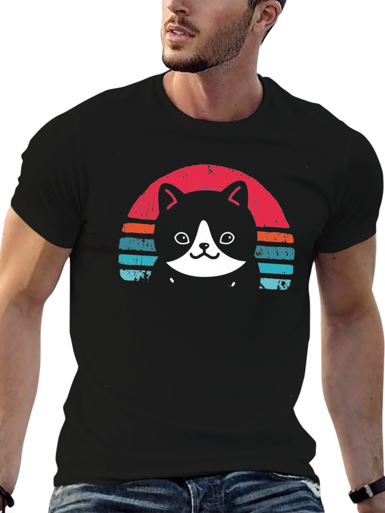 Black Retro Cat T-Shirt - Black Crew Neck Tee view 6