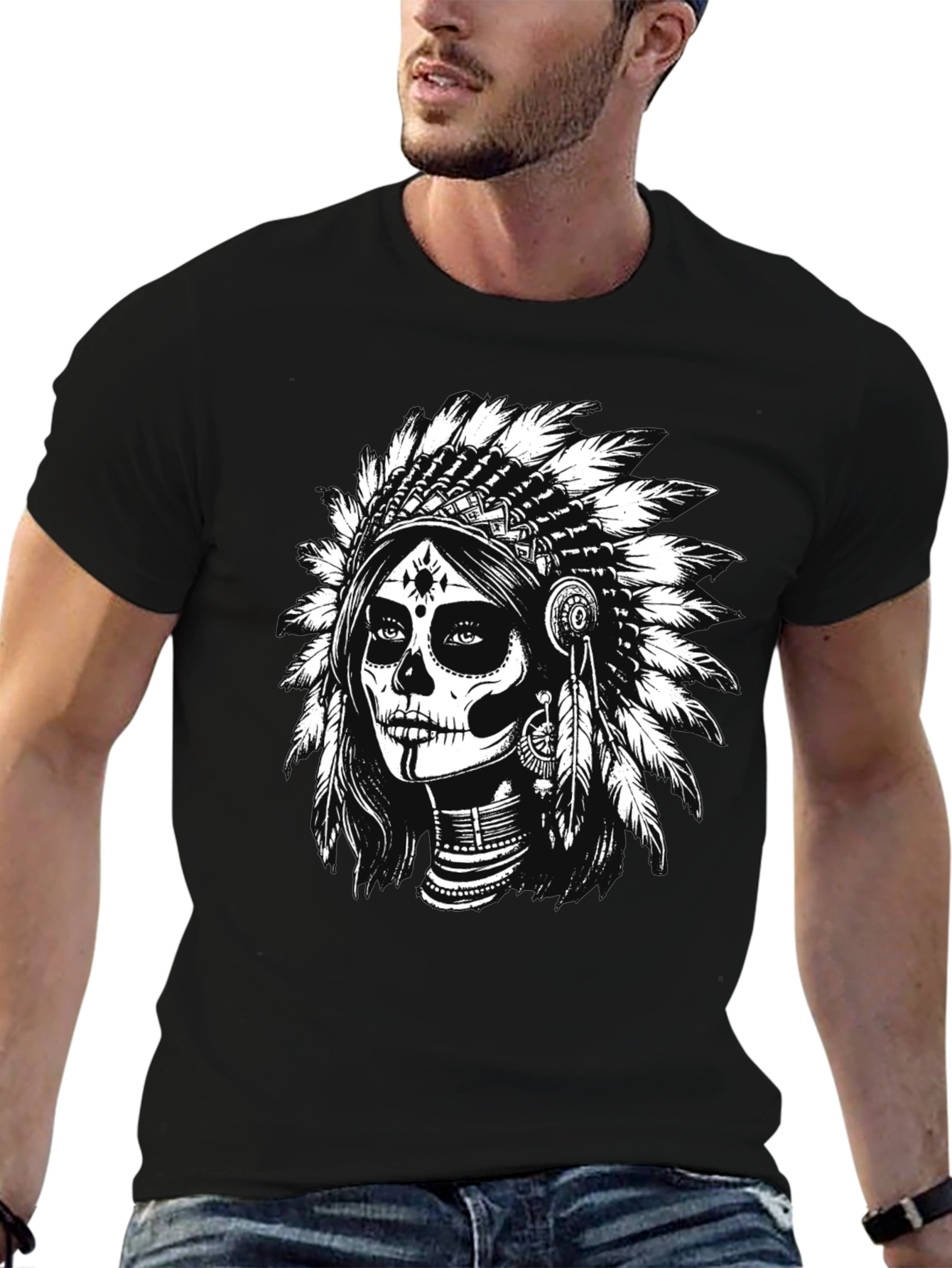 Black Skull Indian Headdress Graphic Tee - Black view 6
