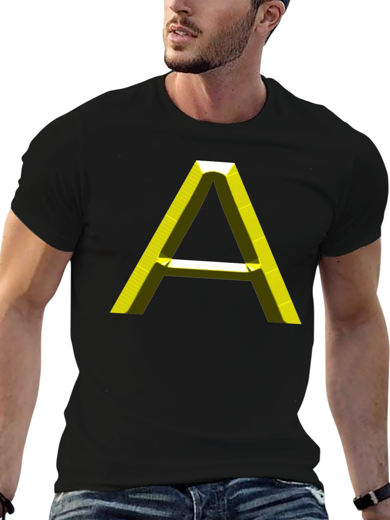 Black Men's Black T-Shirt with 3D Yellow "A" Graphic view 6