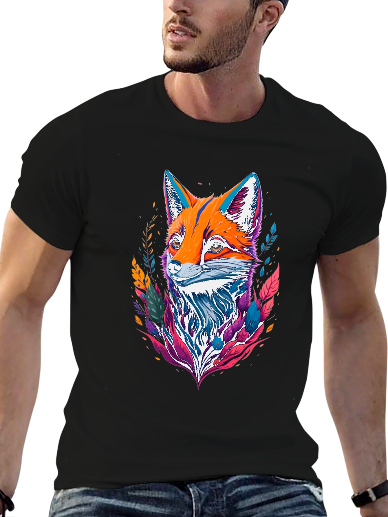 Black Abstract Fox Graphic Tee - Vivid Print view 6