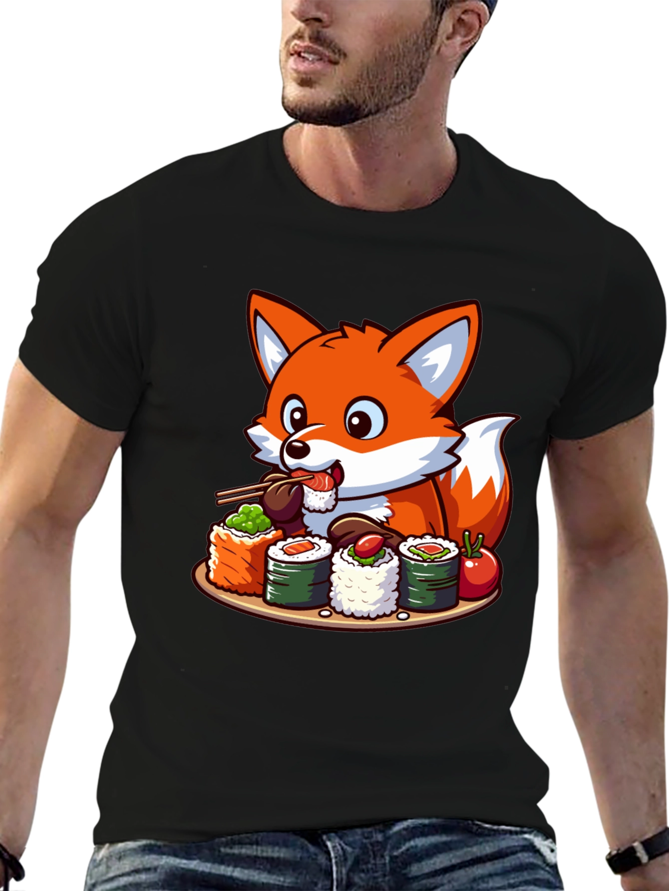 Black Fox Loves Sushi Graphic T-Shirt - Unisex Casual Tee view 6