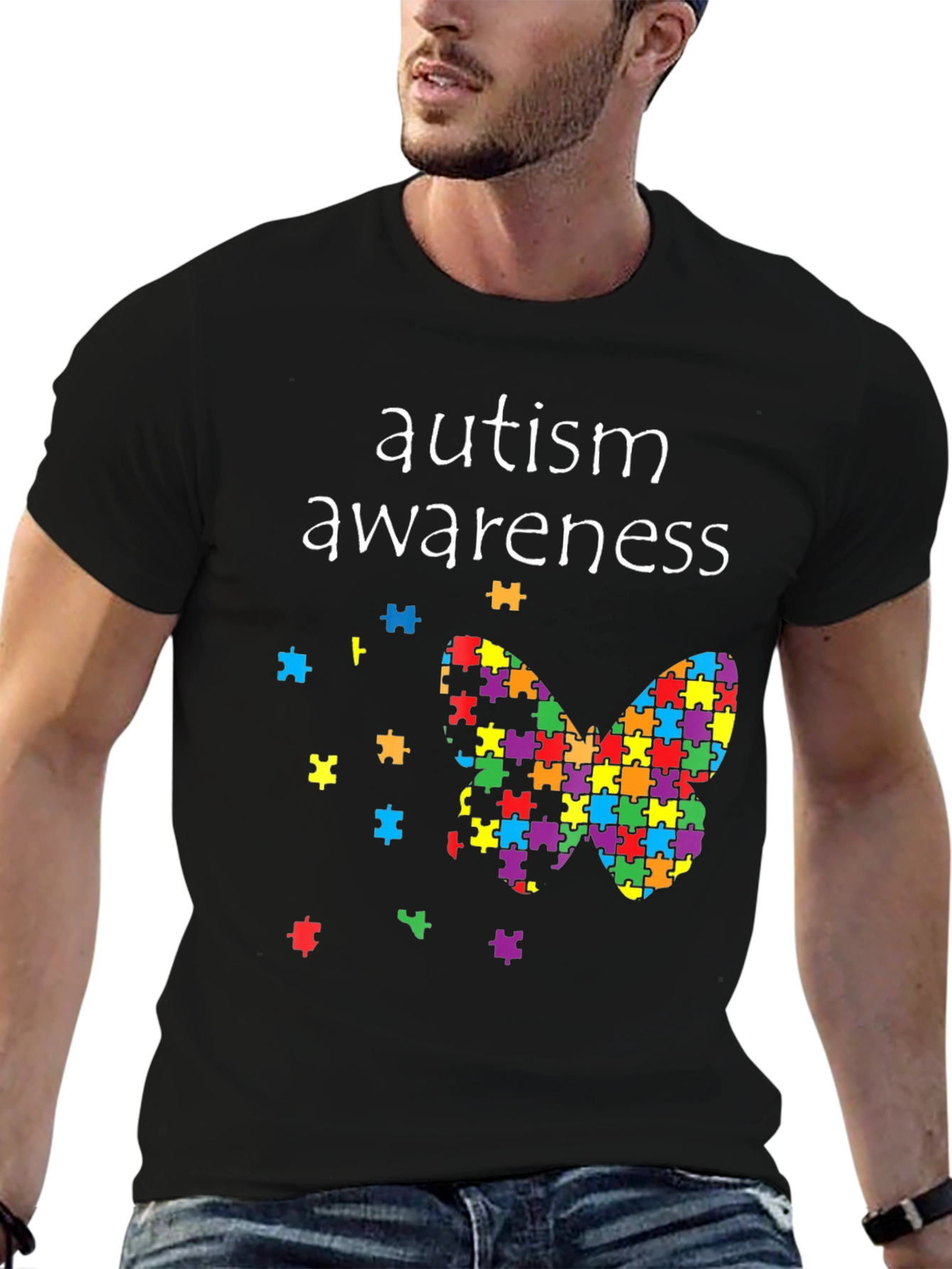 Black Autism Awareness Butterfly Puzzle Piece T-Shirt view 6