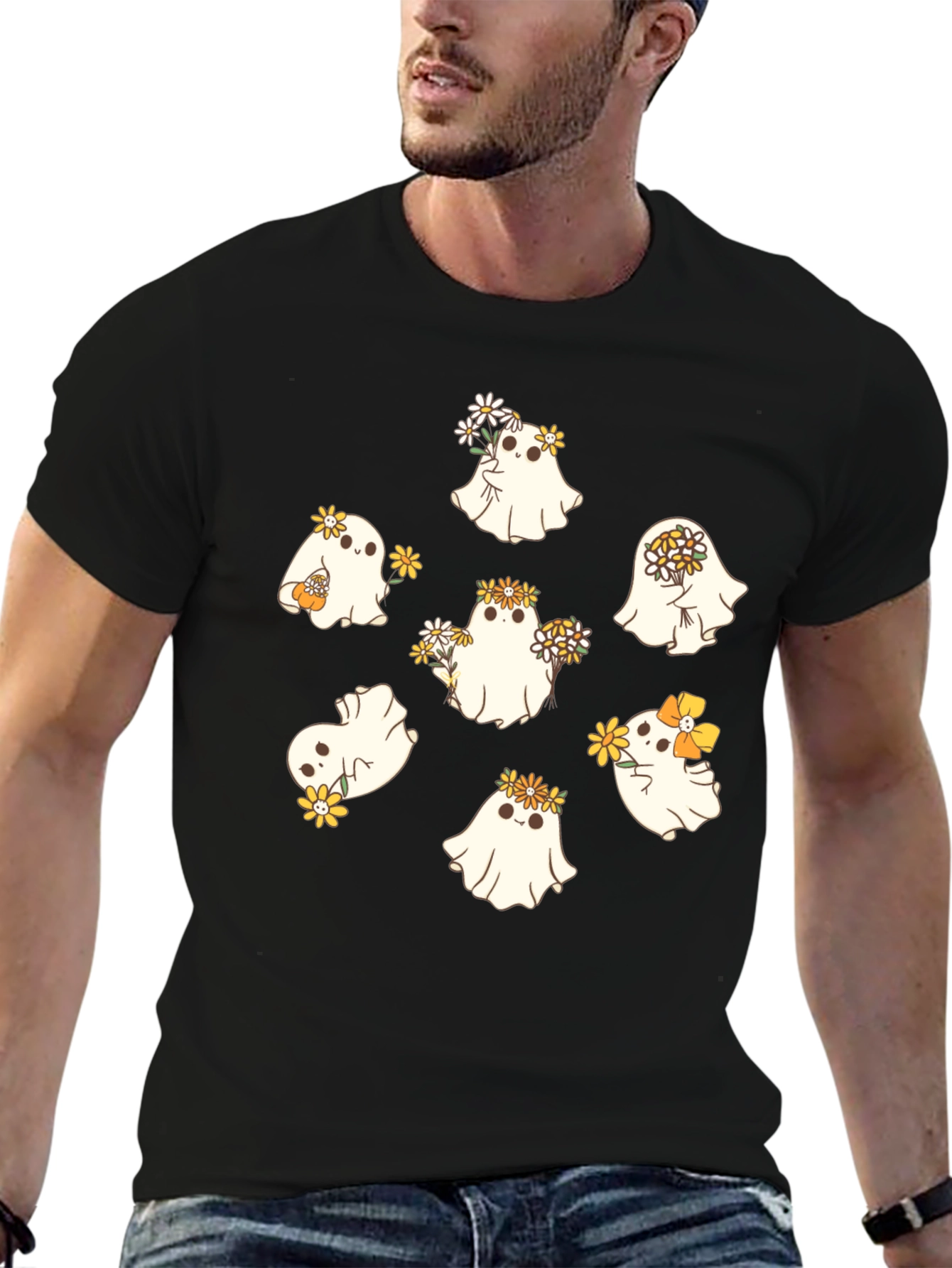 Black Cute Ghost with Flowers Black T-Shirt view 6