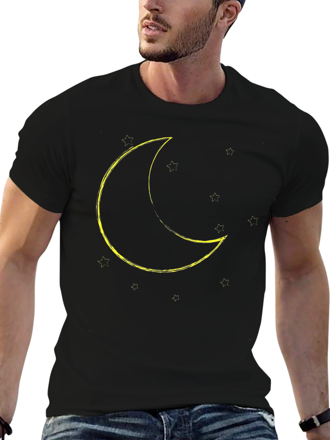 Black Crescent Moon & Stars Graphic Tee - Black Cotton Blend view 6