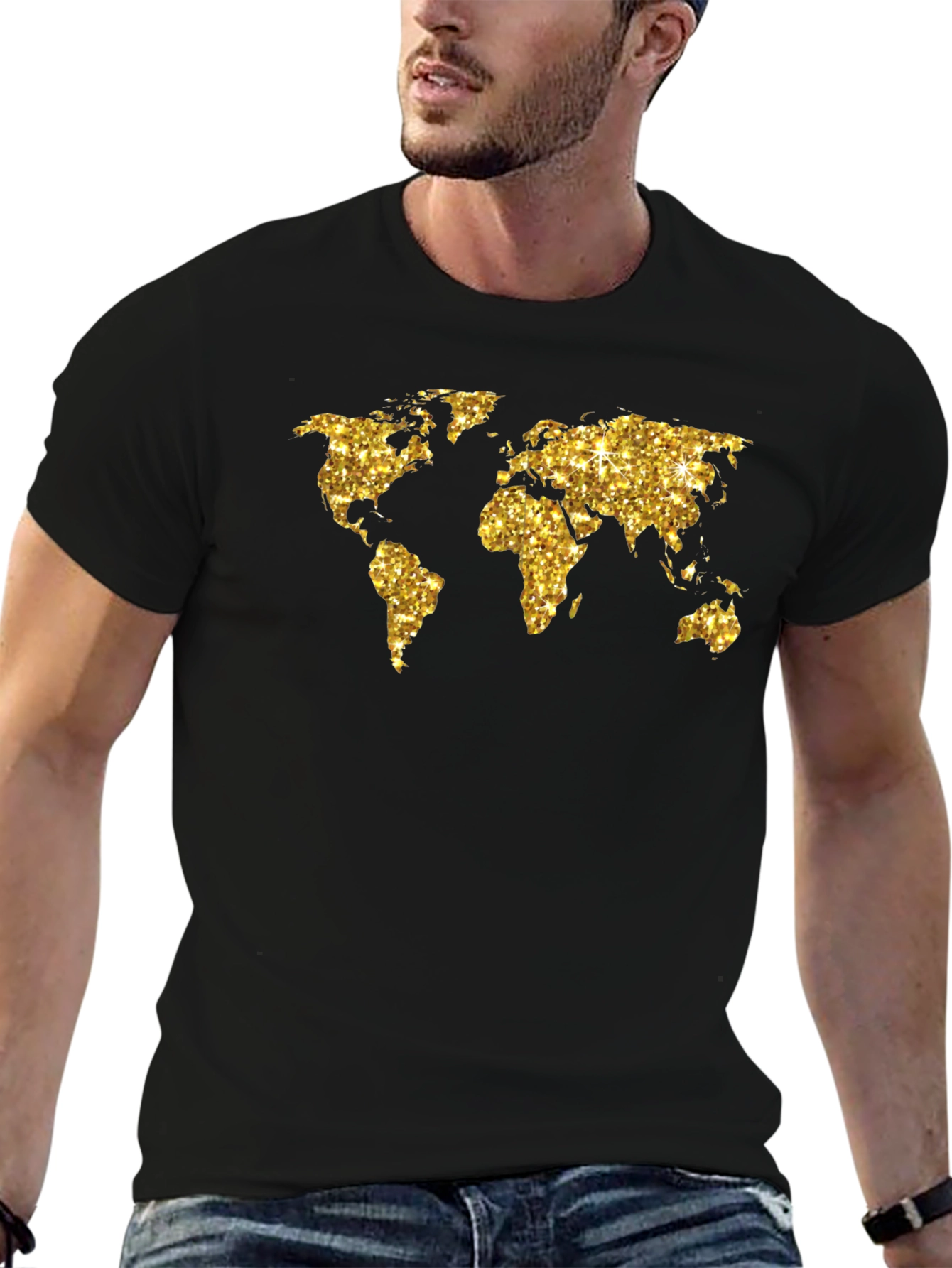 Black Glitter World Map Graphic Tee - Black view 6