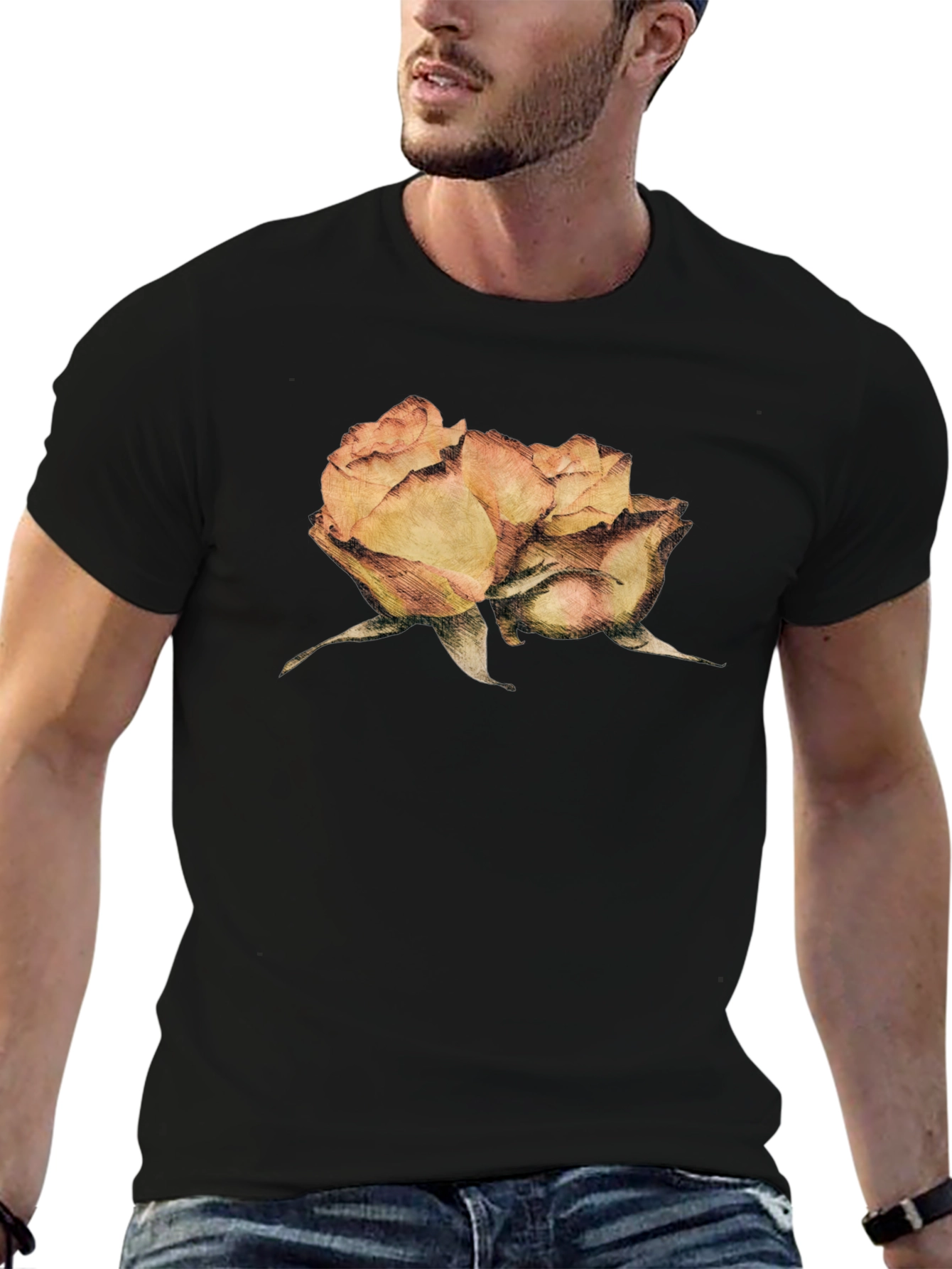 Black Floral Graphic T-Shirt - Elegant Rose Design view 6