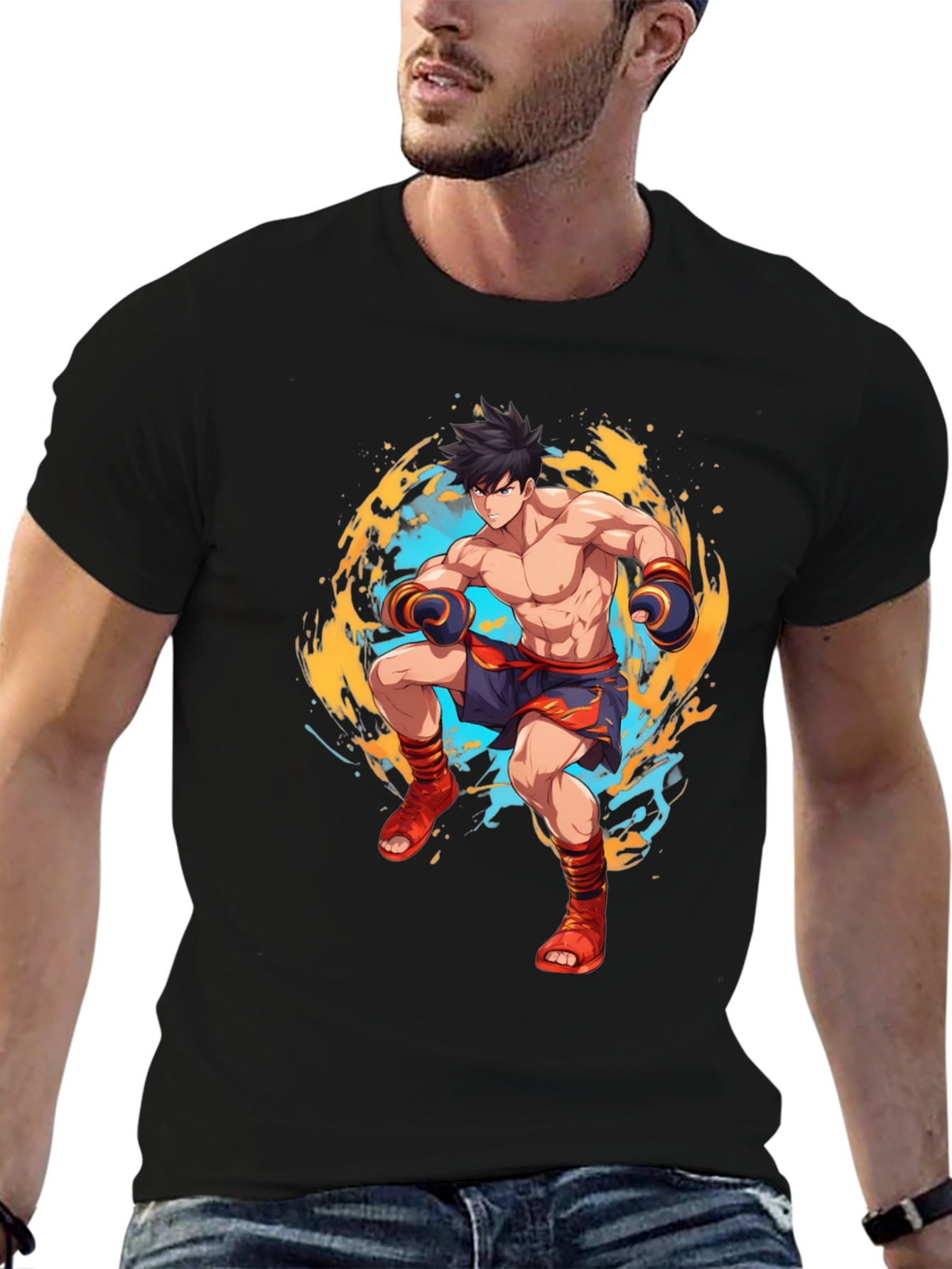 Anime Fighter Graphic Black T-Shirt - 6