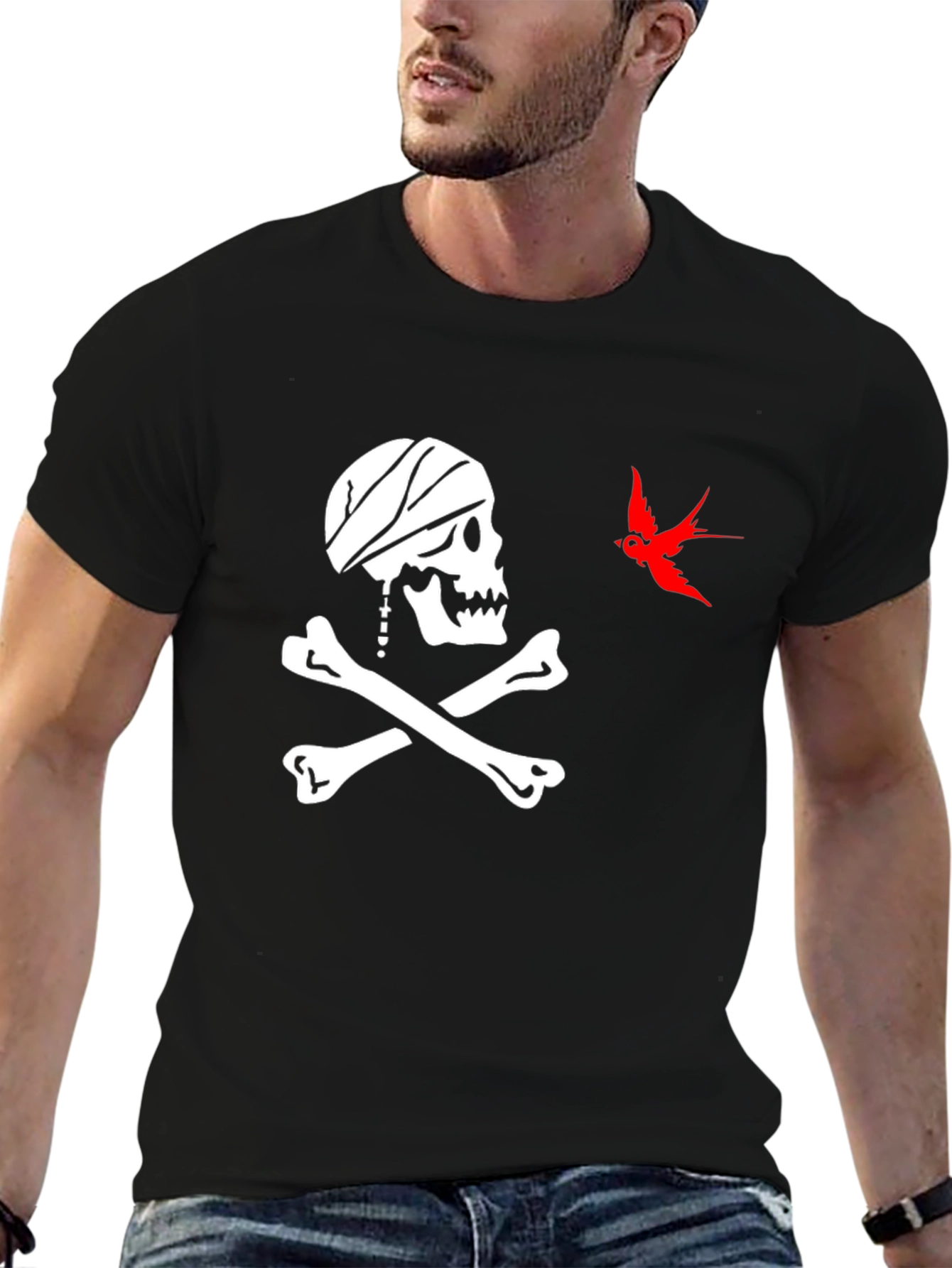 Black Pirate Skull & Sparrow T-Shirt - Black view 6
