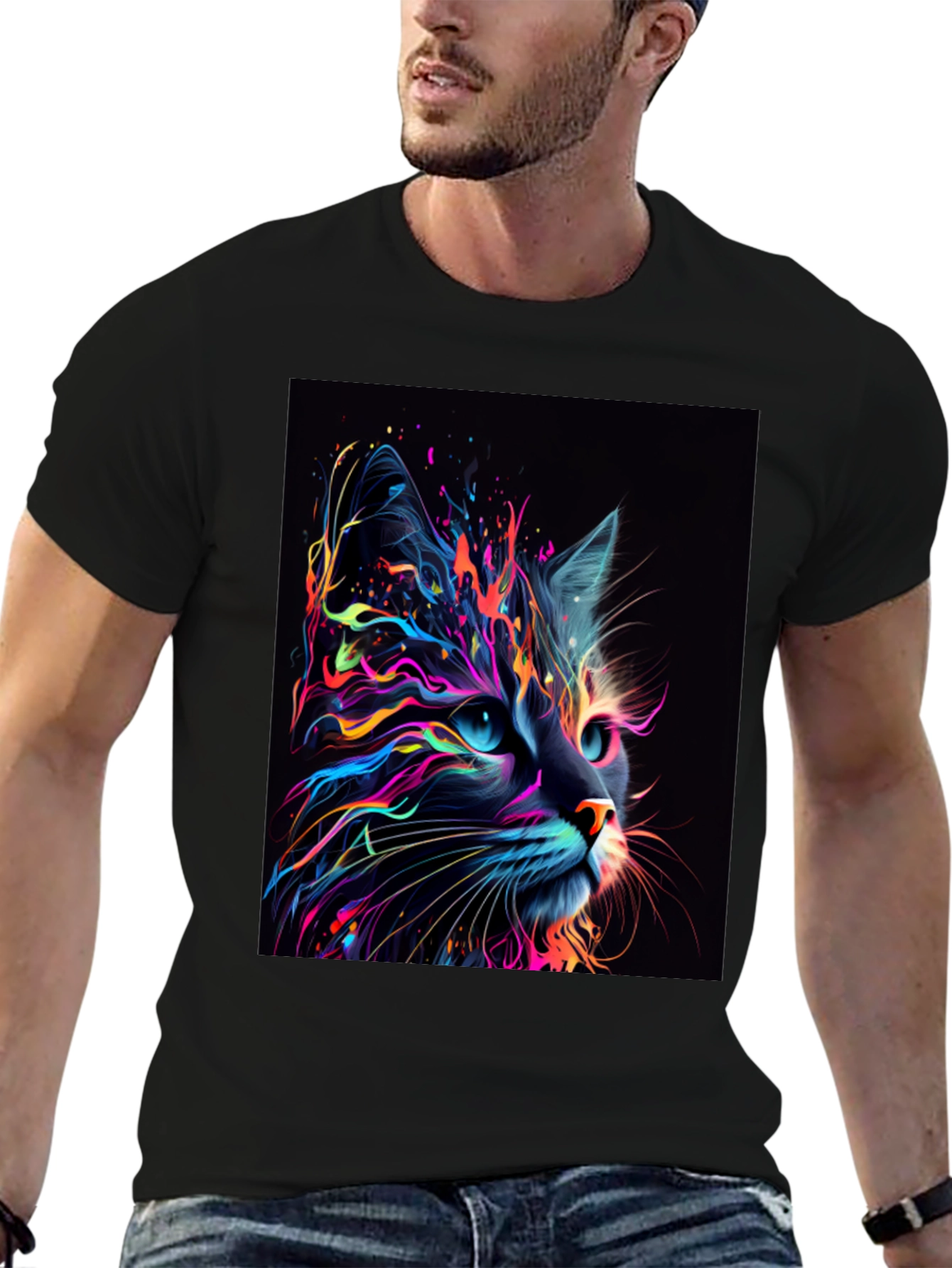 Black Neon Cat Graphic T-Shirt - Unique Design view 6