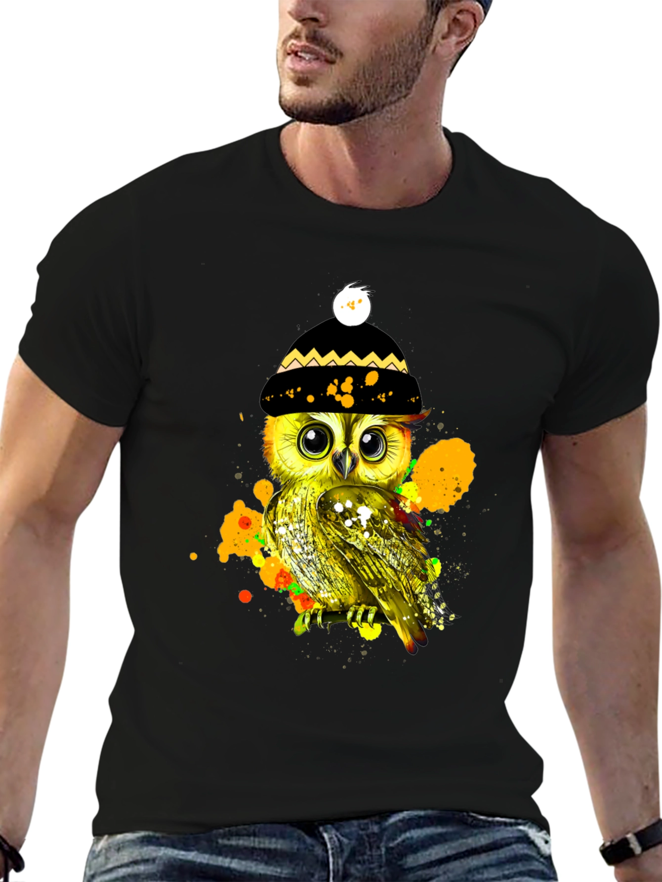 Black Stylish Owl Graphic Tee - Unique & Trendy view 6