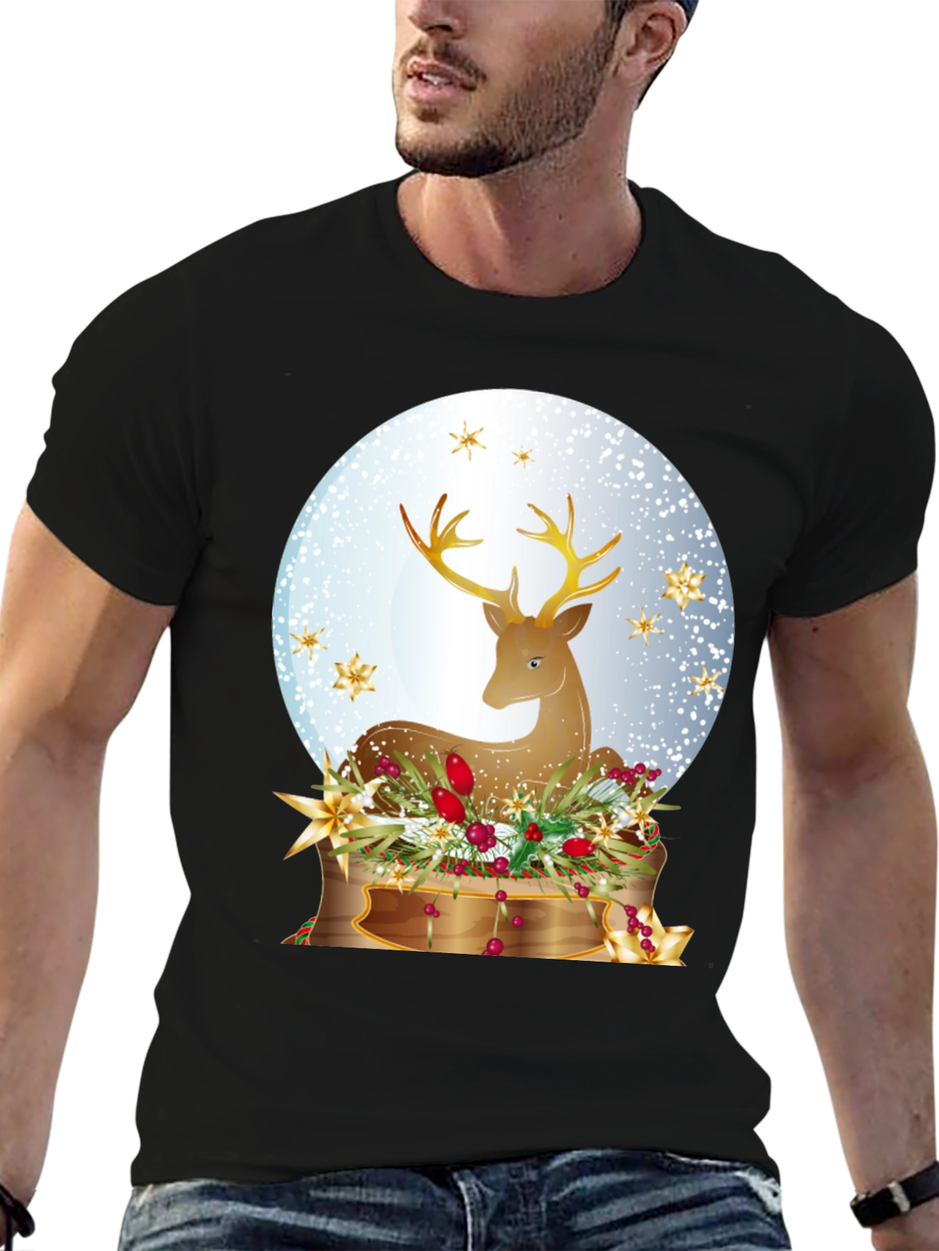 Black Festive Deer Graphic T-Shirt - Holiday Season Apparel view 6