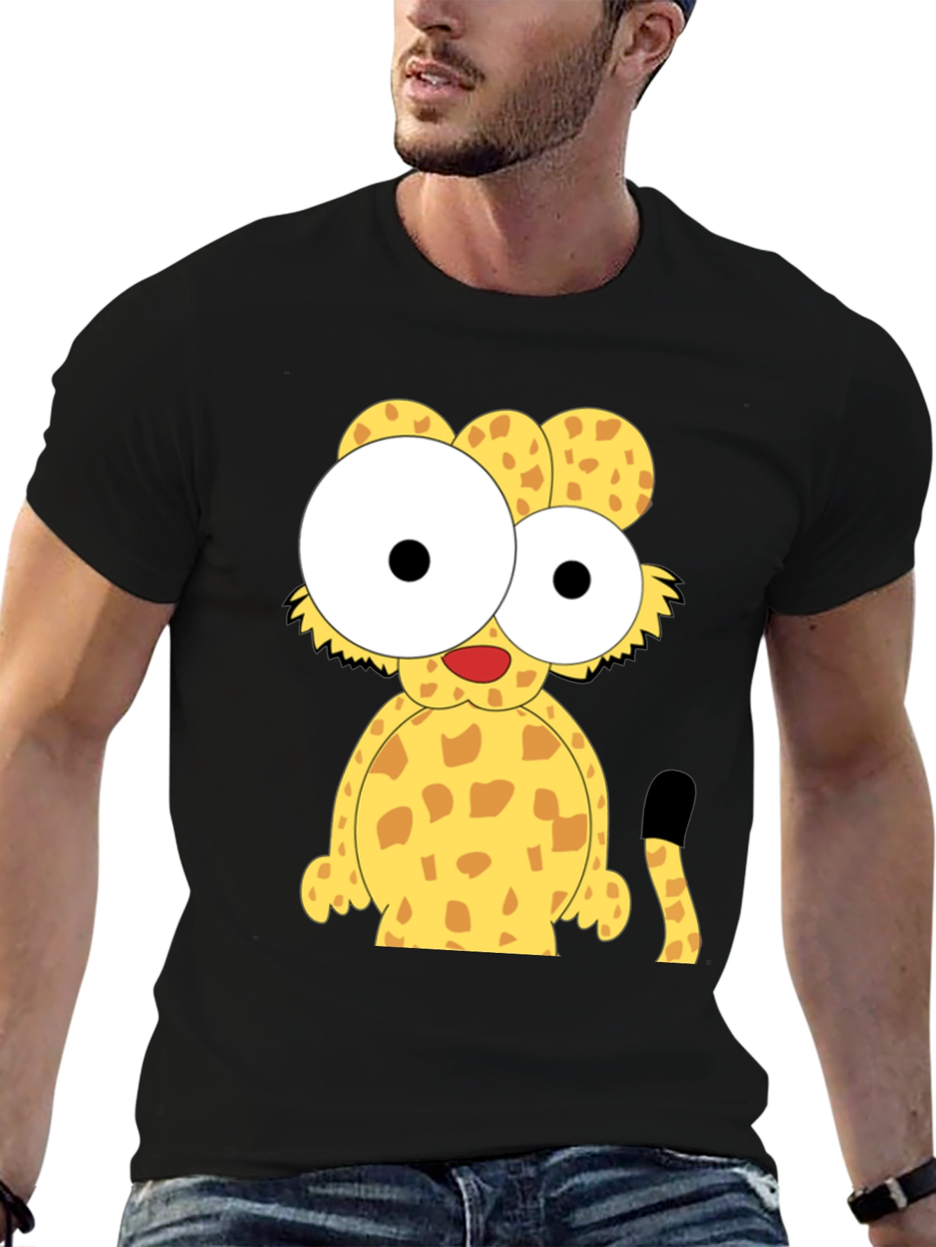 Black Cartoon Cheetah Graphic Tee - Black Cotton T-Shirt view 6