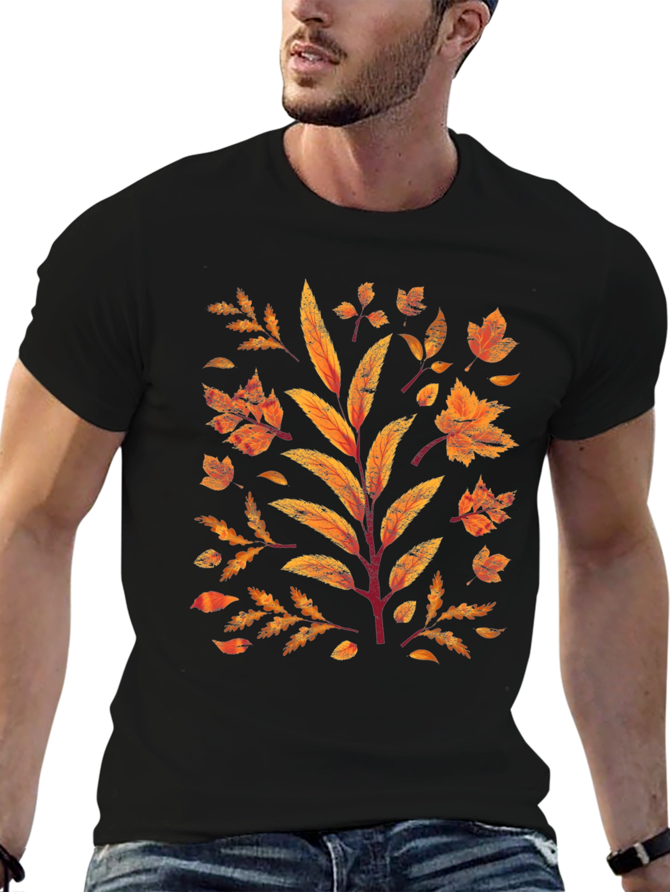 Black Autumn Leaves Graphic Print Black T-Shirt view 6