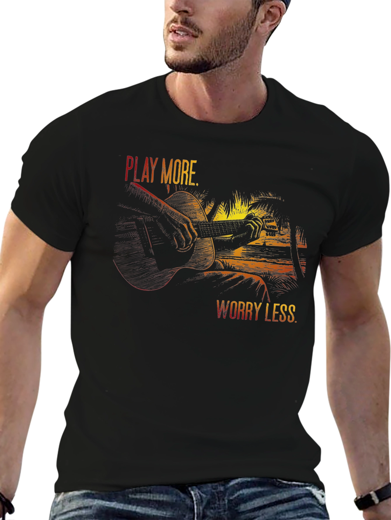 Black Play More Worry Less T-Shirt - Guitar & Beach Design view 6