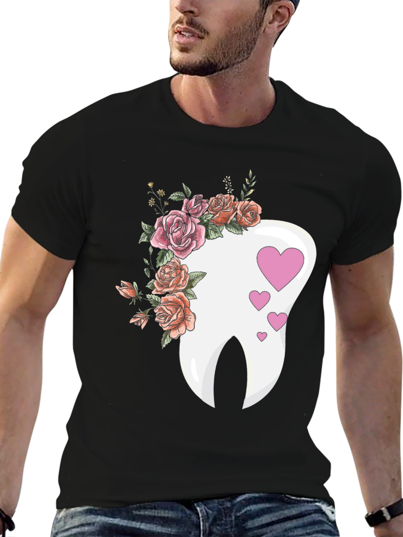 Black Floral Tooth Heart Graphic Tee - Dentist Gift view 6