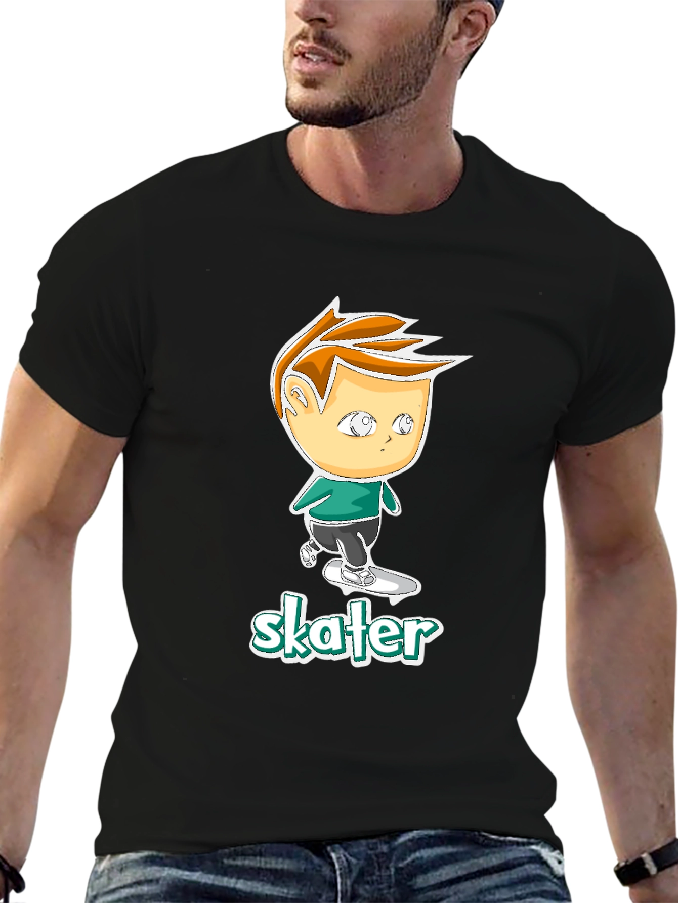 Black Cool Skater Boy Cartoon Black T-Shirt view 6