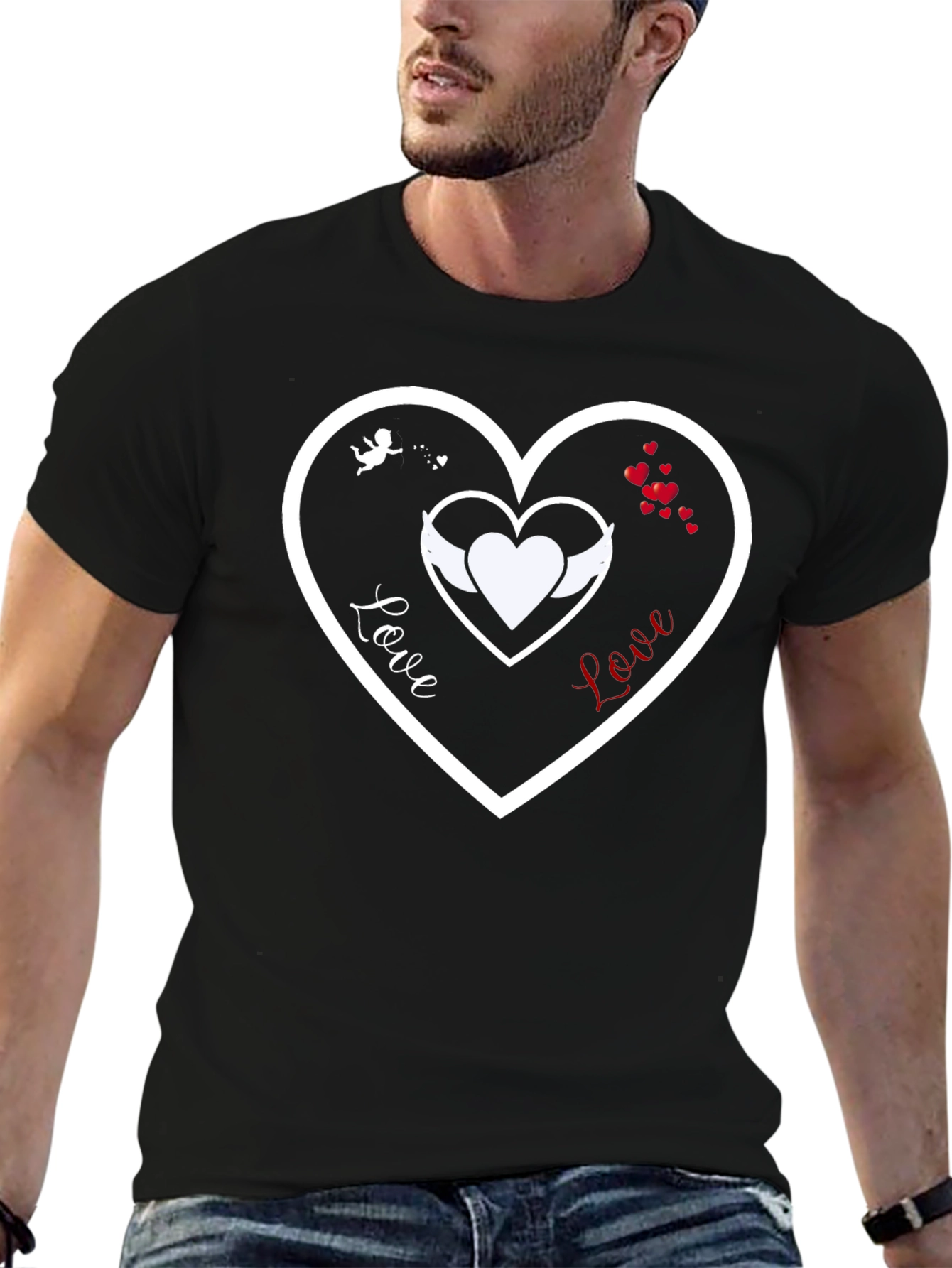 Black Love Heart T-Shirt - Cupid & Angel Wings Graphic Tee view 6