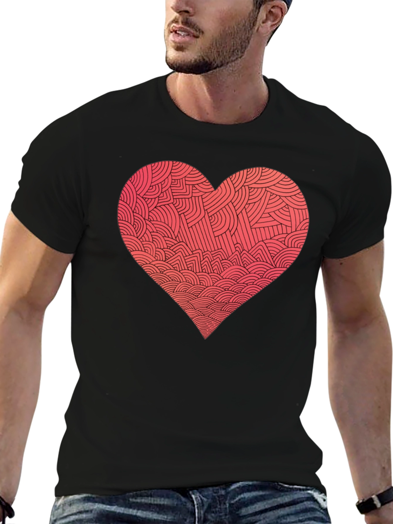 Black Heart Pattern Graphic Tee - Men's Black T-Shirt view 6