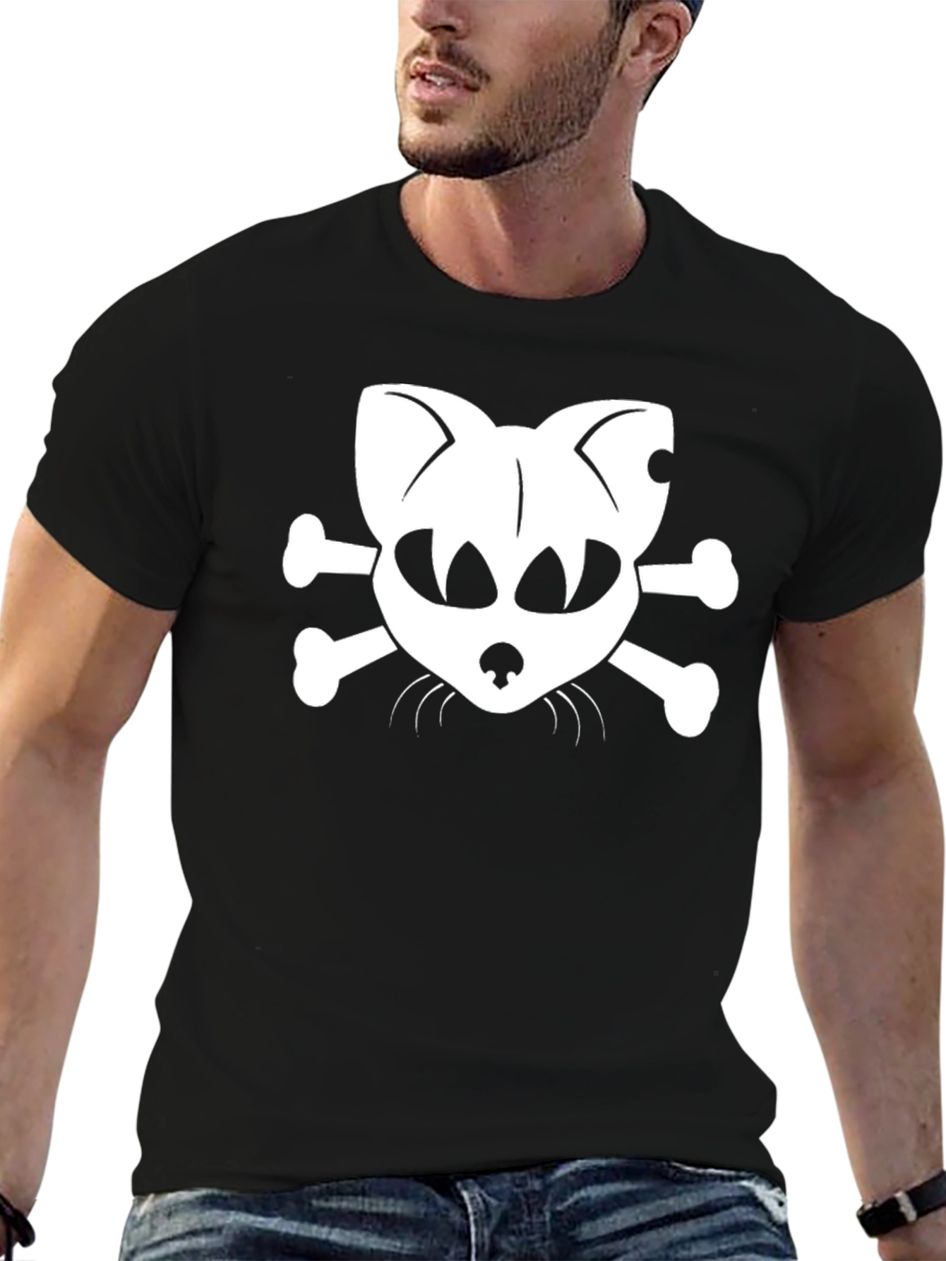 Black Cat Skull & Crossbones Graphic T-Shirt - Black Cotton Tee view 6