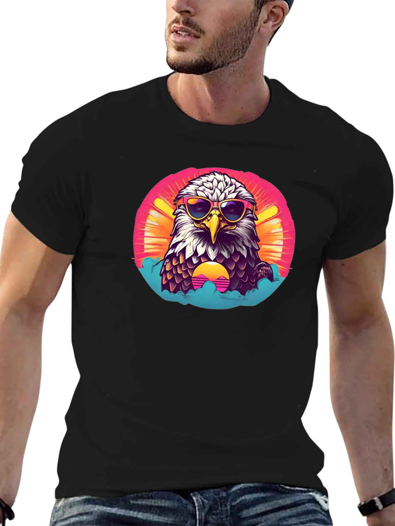 Black Cool Eagle Graphic Tee - Retro Sunset Design view 6