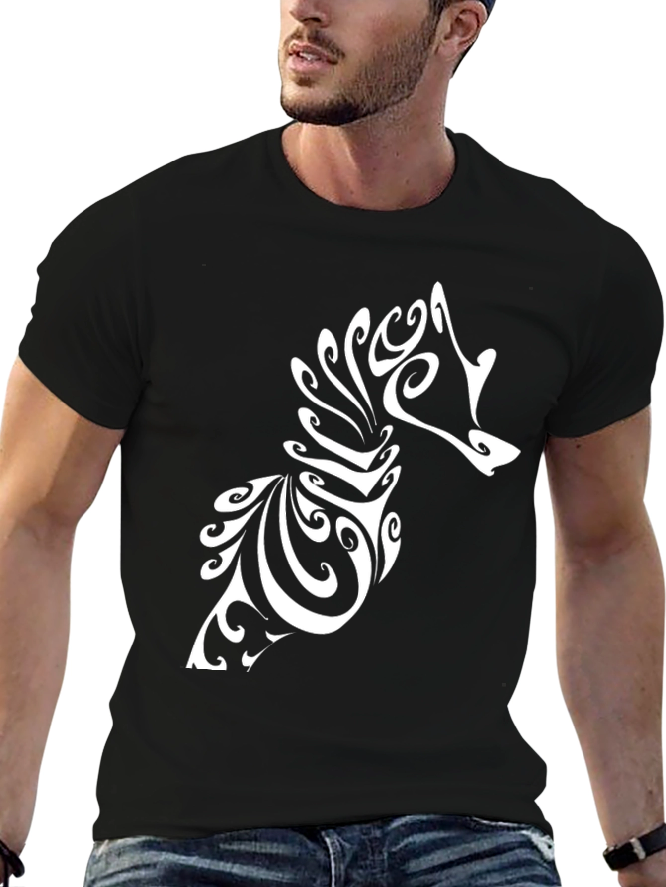 Black Tribal Seahorse Graphic Tee - Black Cotton T-Shirt view 6