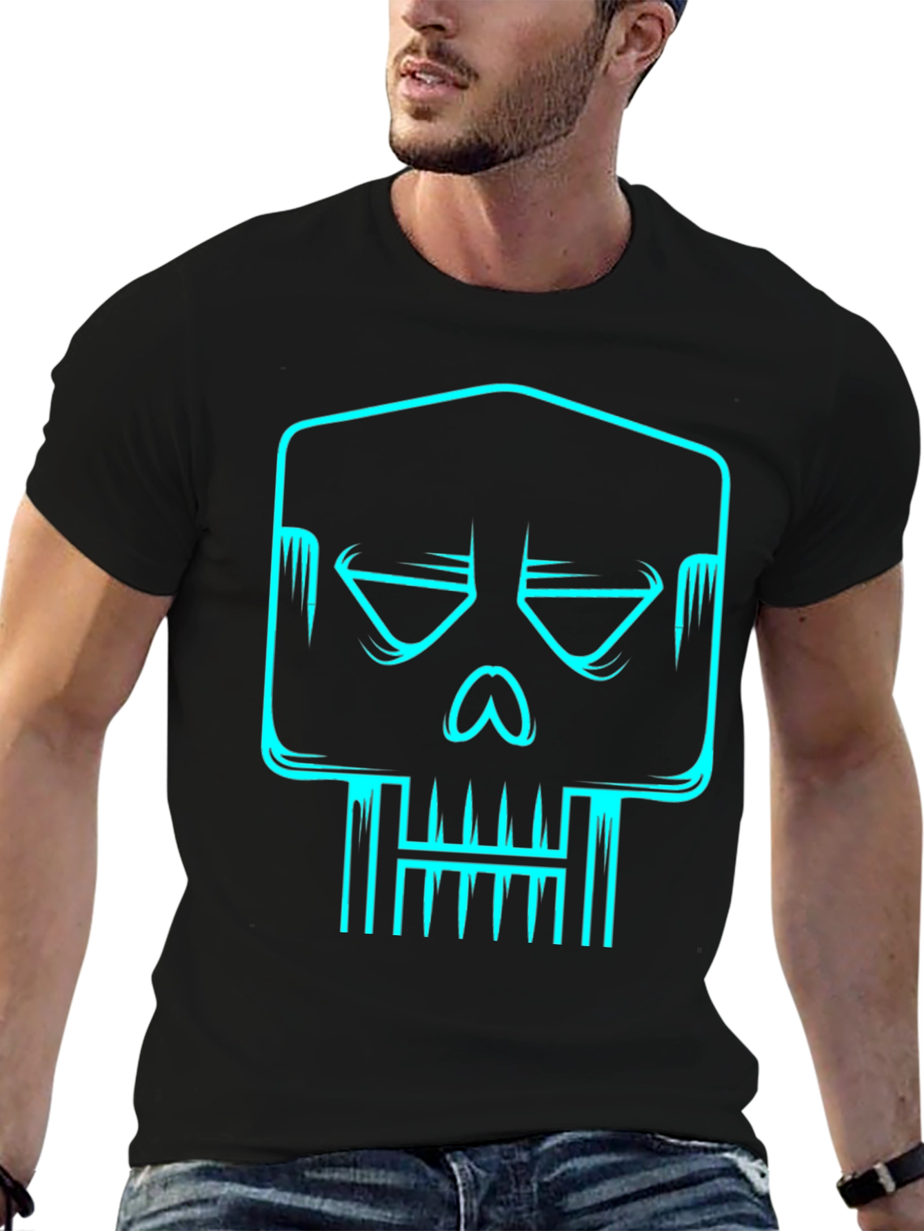 Black Cyber Skull Graphic Tee - Black Cotton T-Shirt view 6