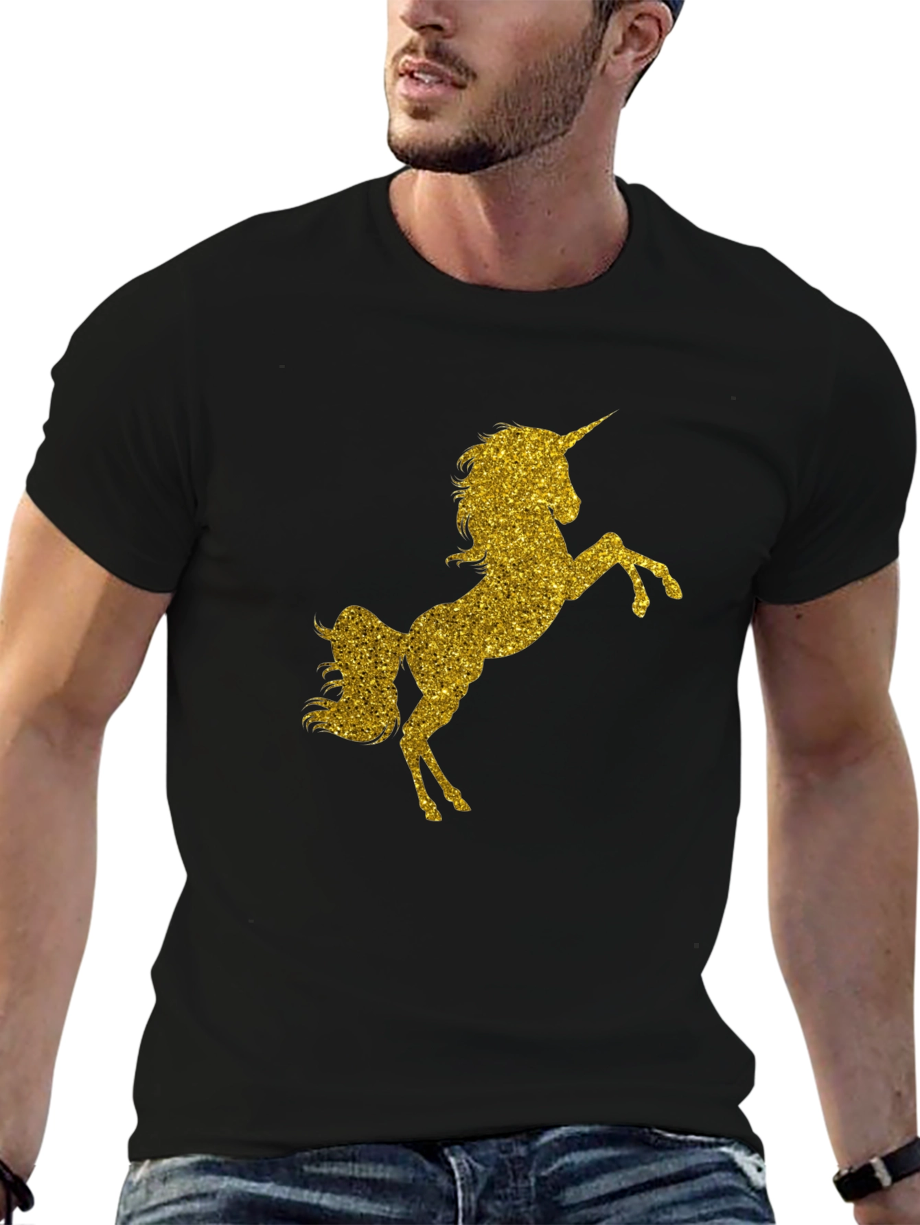 Black Gold Glitter Unicorn Black T-Shirt view 6