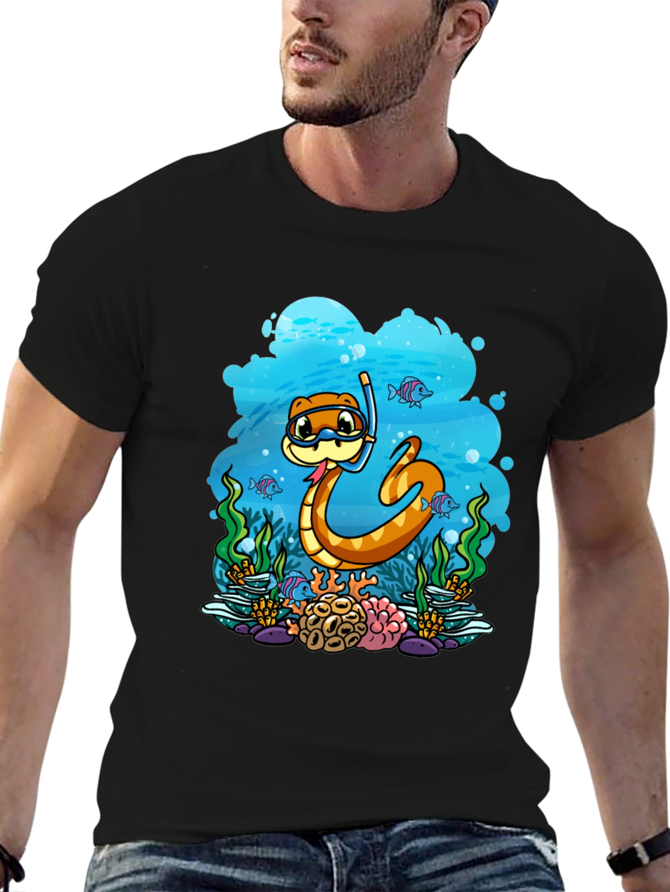 Black Cartoon Snorkeling Snake Graphic Tee view 6
