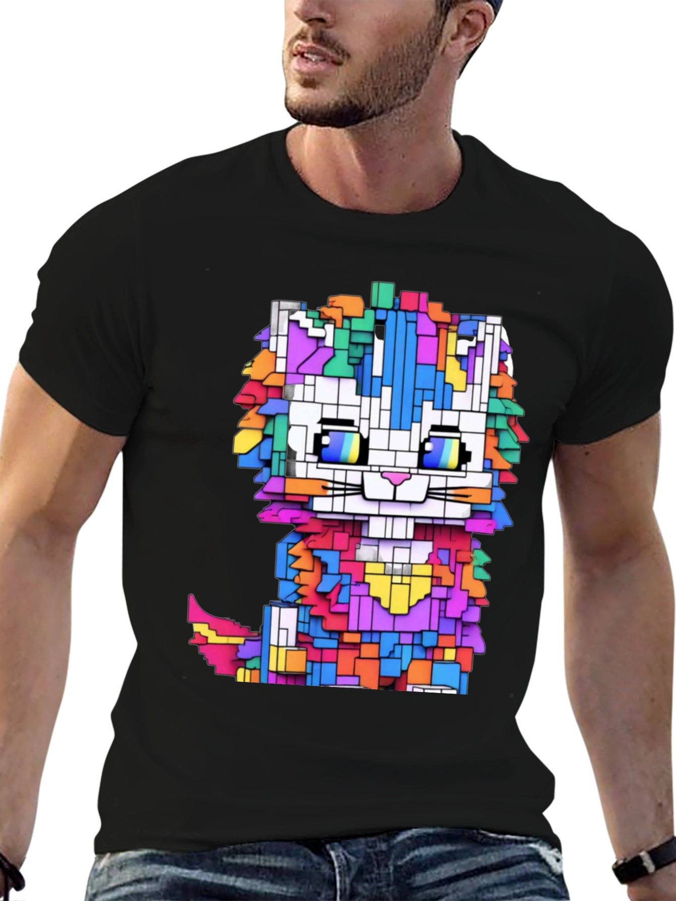 Black Pixel Cat T-Shirt - Funky Geometric Design view 6