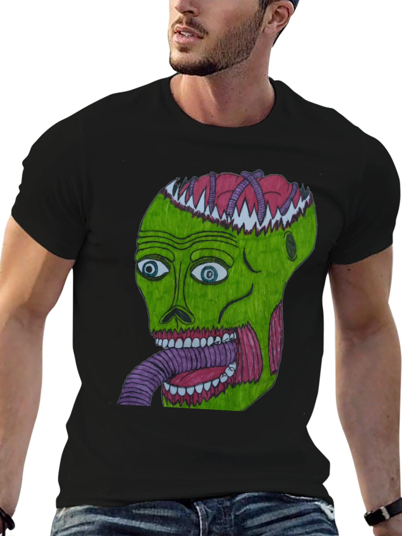 Black Grotesque Green Head Graphic T-Shirt view 6