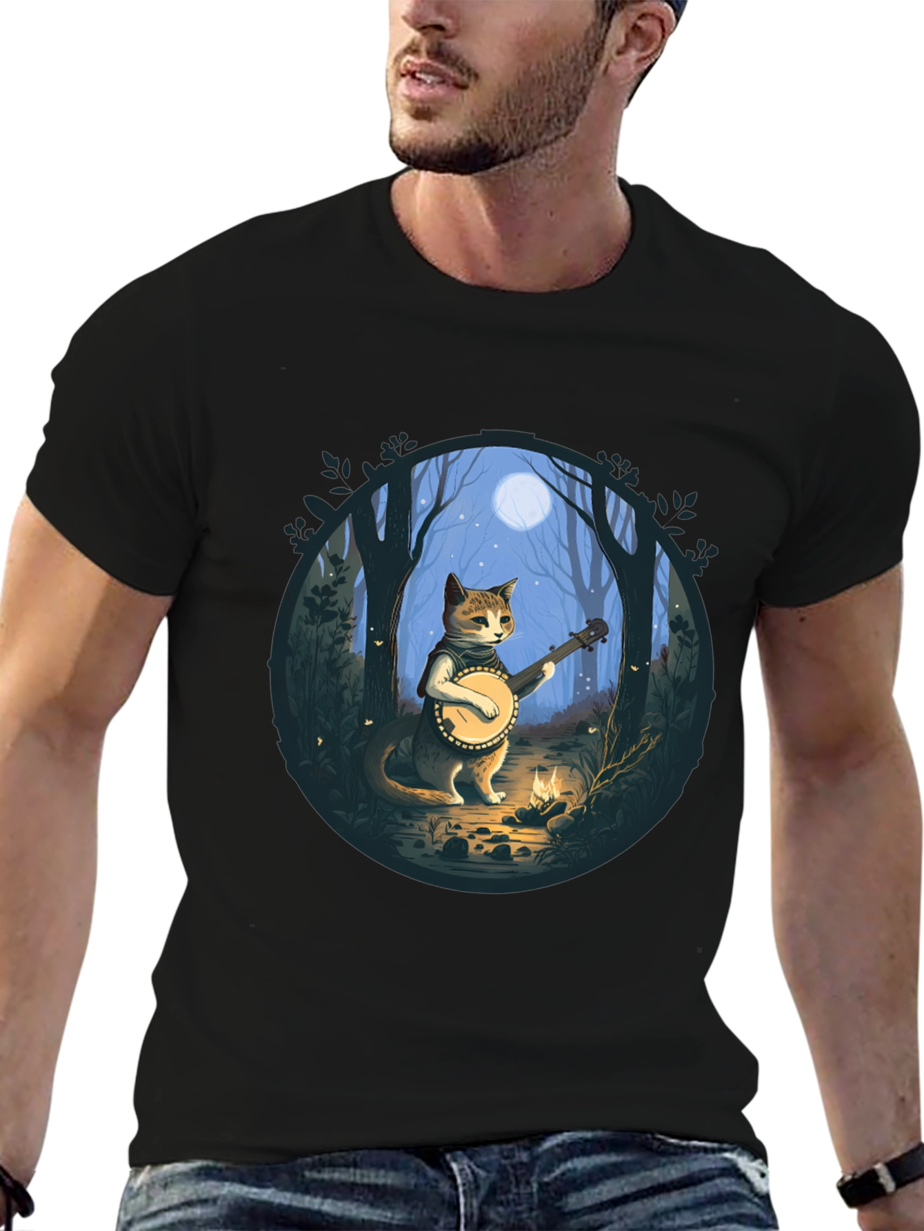 Black Cat Banjo Player Graphic Tee view 6