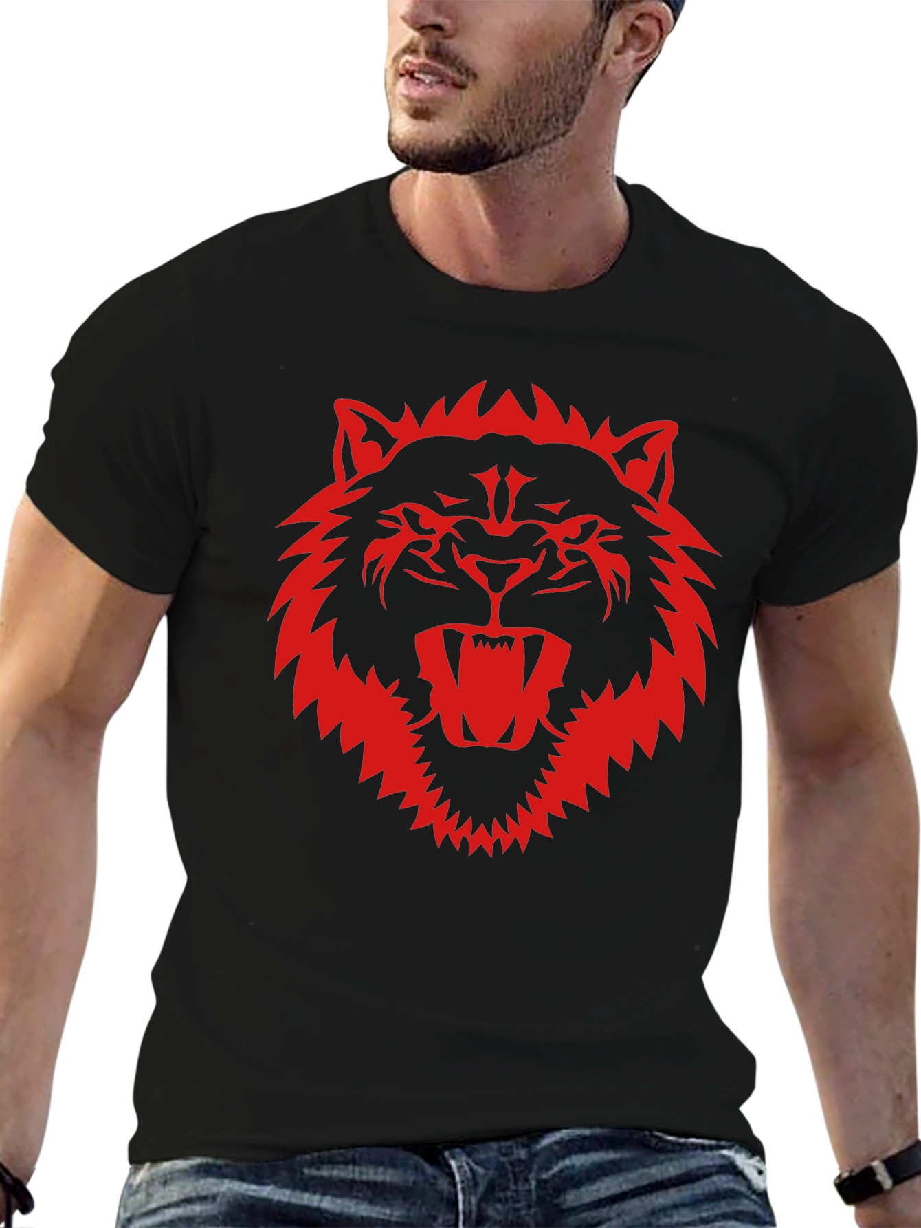 Black Black T-Shirt with Fierce Red Wolf Graphic view 6