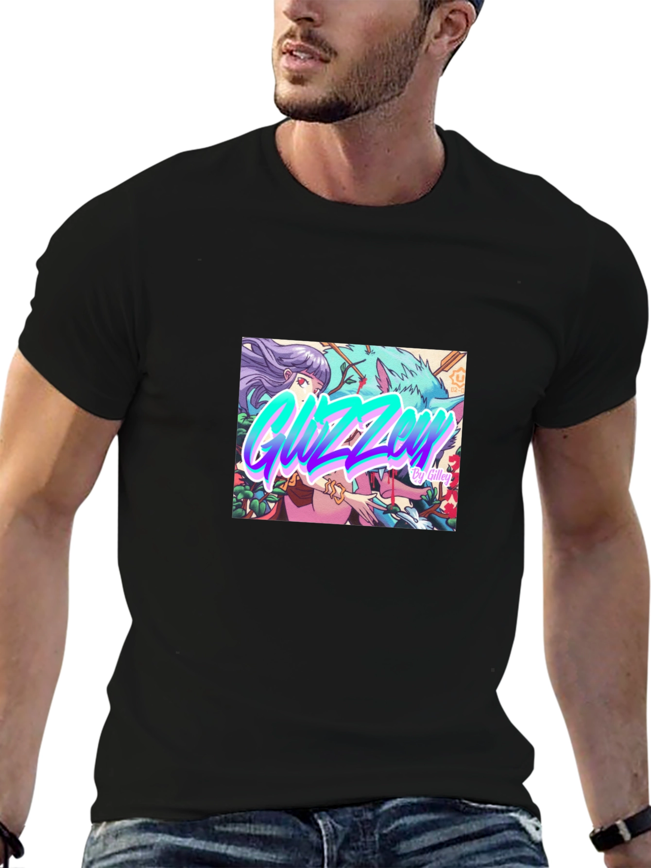 Black Guzzen Anime Art Black T-Shirt view 6