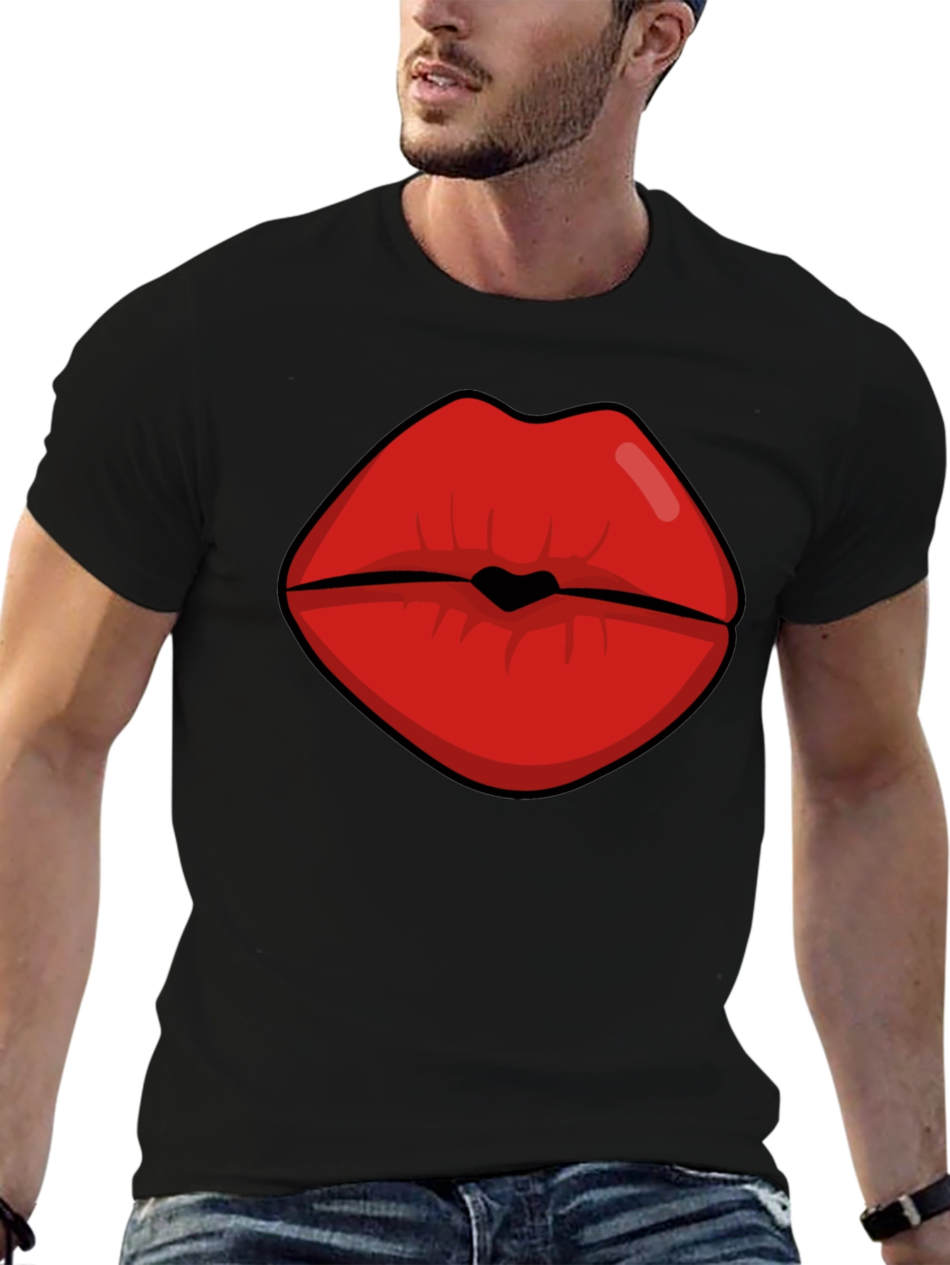 Black Bold Lips Graphic Tee - Black Cotton Blend view 6