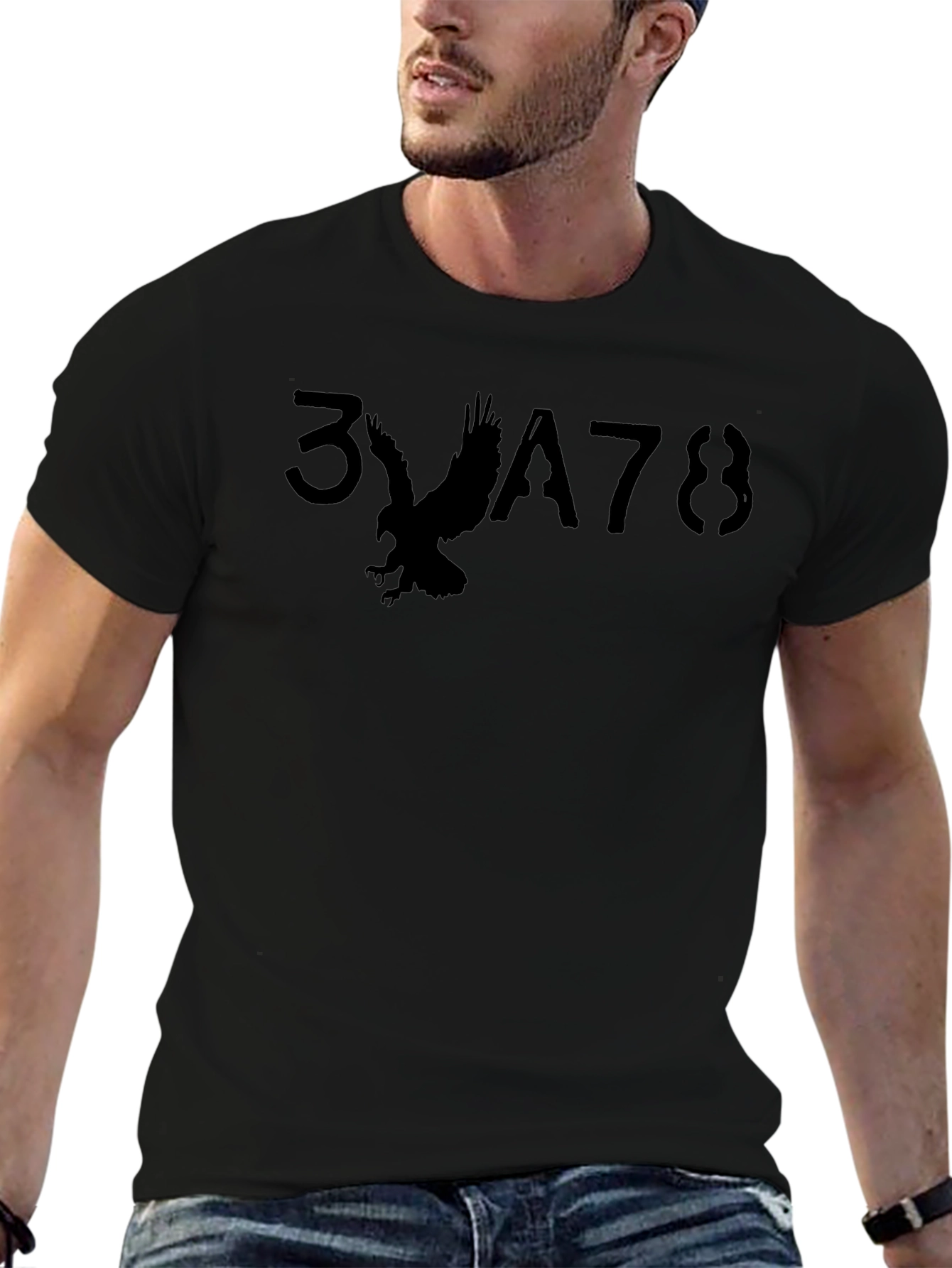 Black Men's Black Graphic T-Shirt - Eagle Design view 6