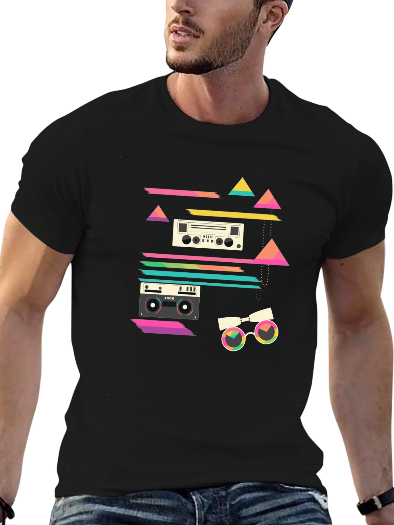 Black Retro Music Graphic T-Shirt - 80s Inspired Design view 6