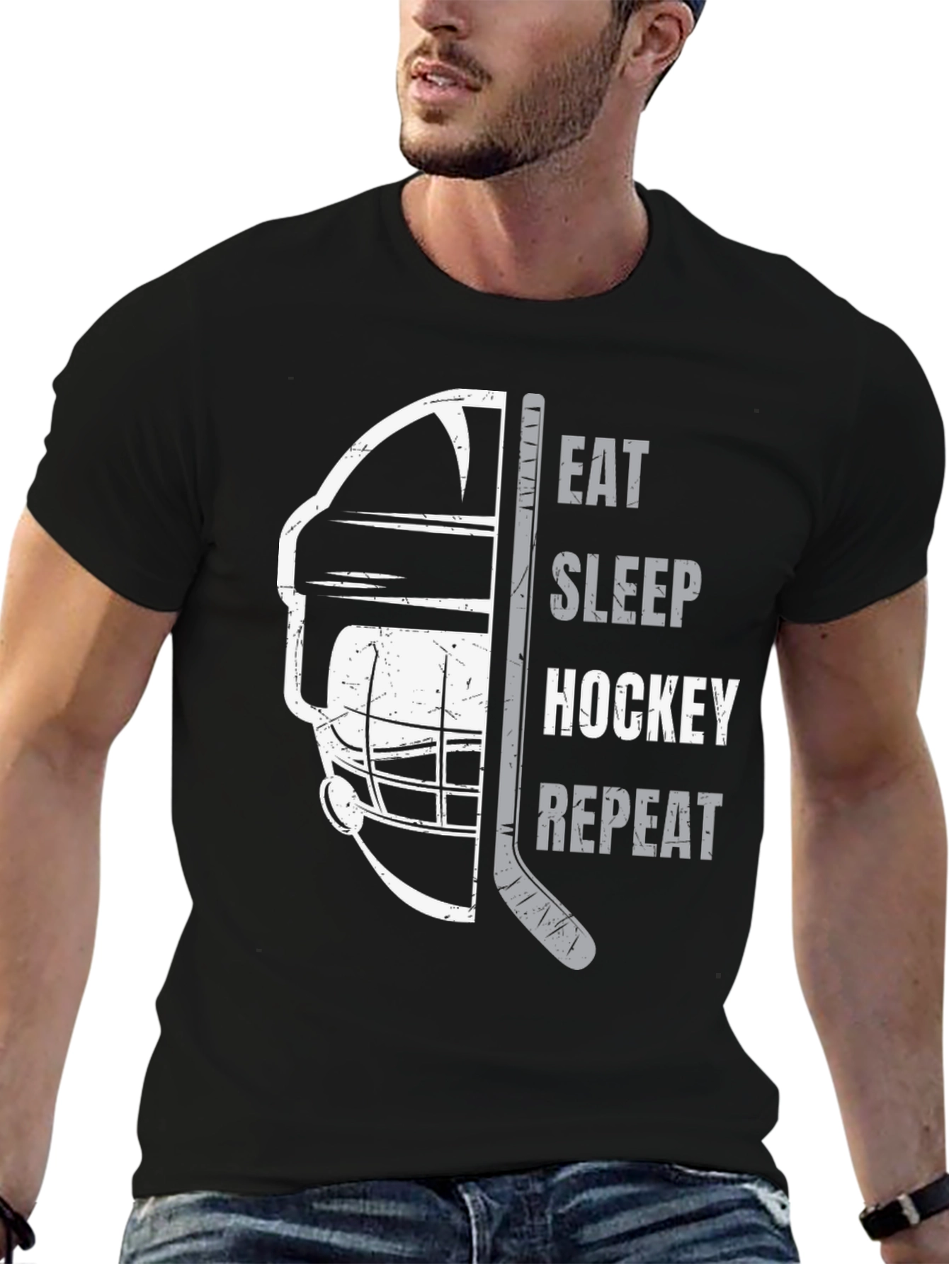 Black Eat Sleep Hockey Repeat Black Graphic Tee view 6