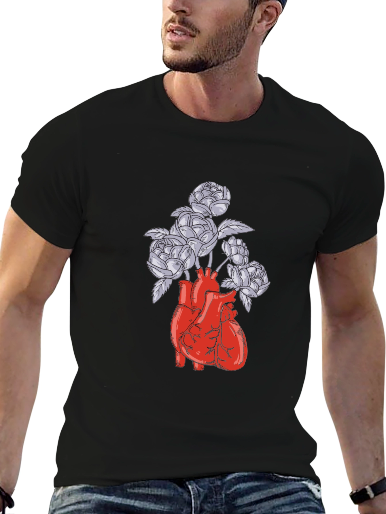 Black Anatomical Heart and Flowers Graphic T-Shirt view 6