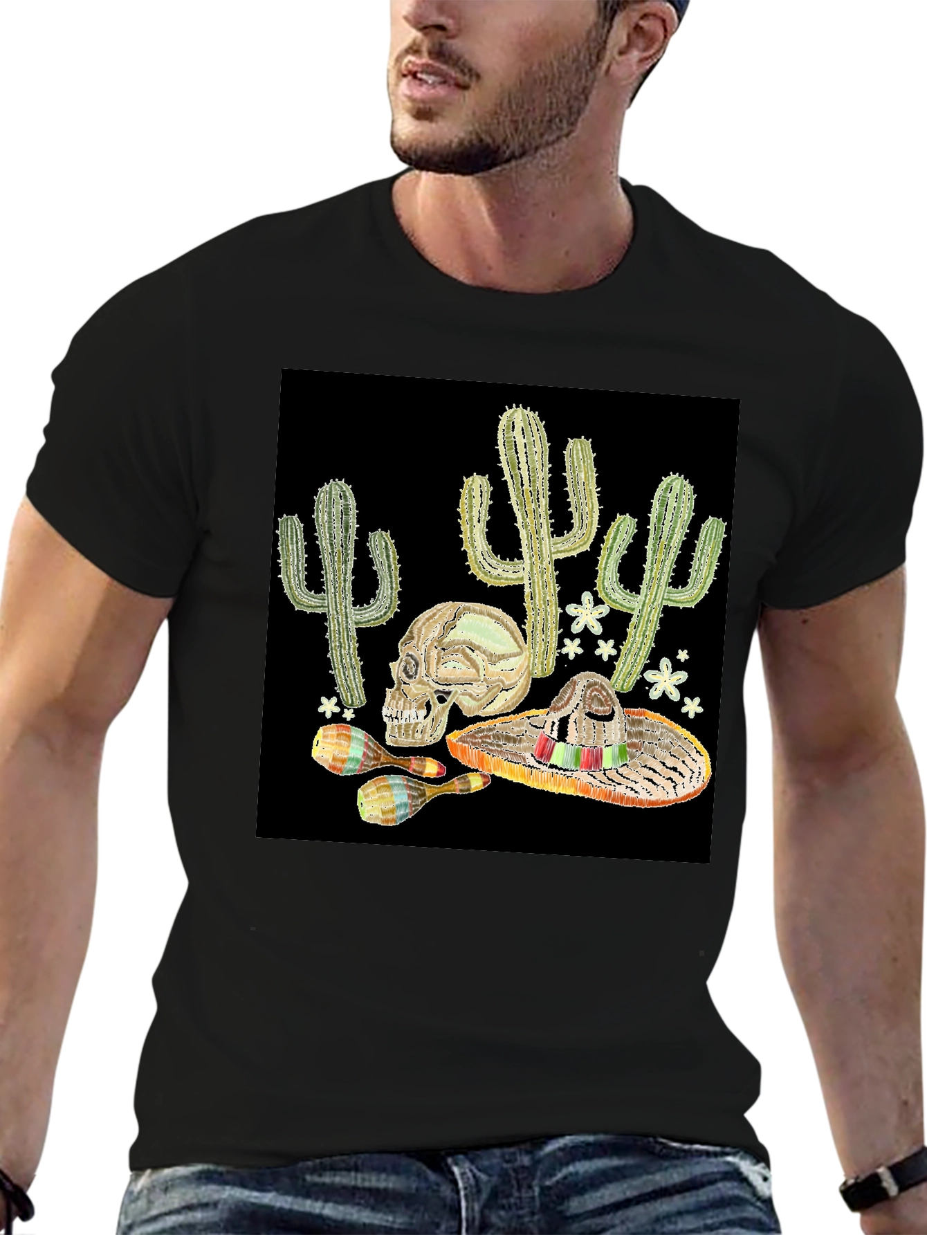 Black Cactus Skull Sombrero Graphic Tee view 6