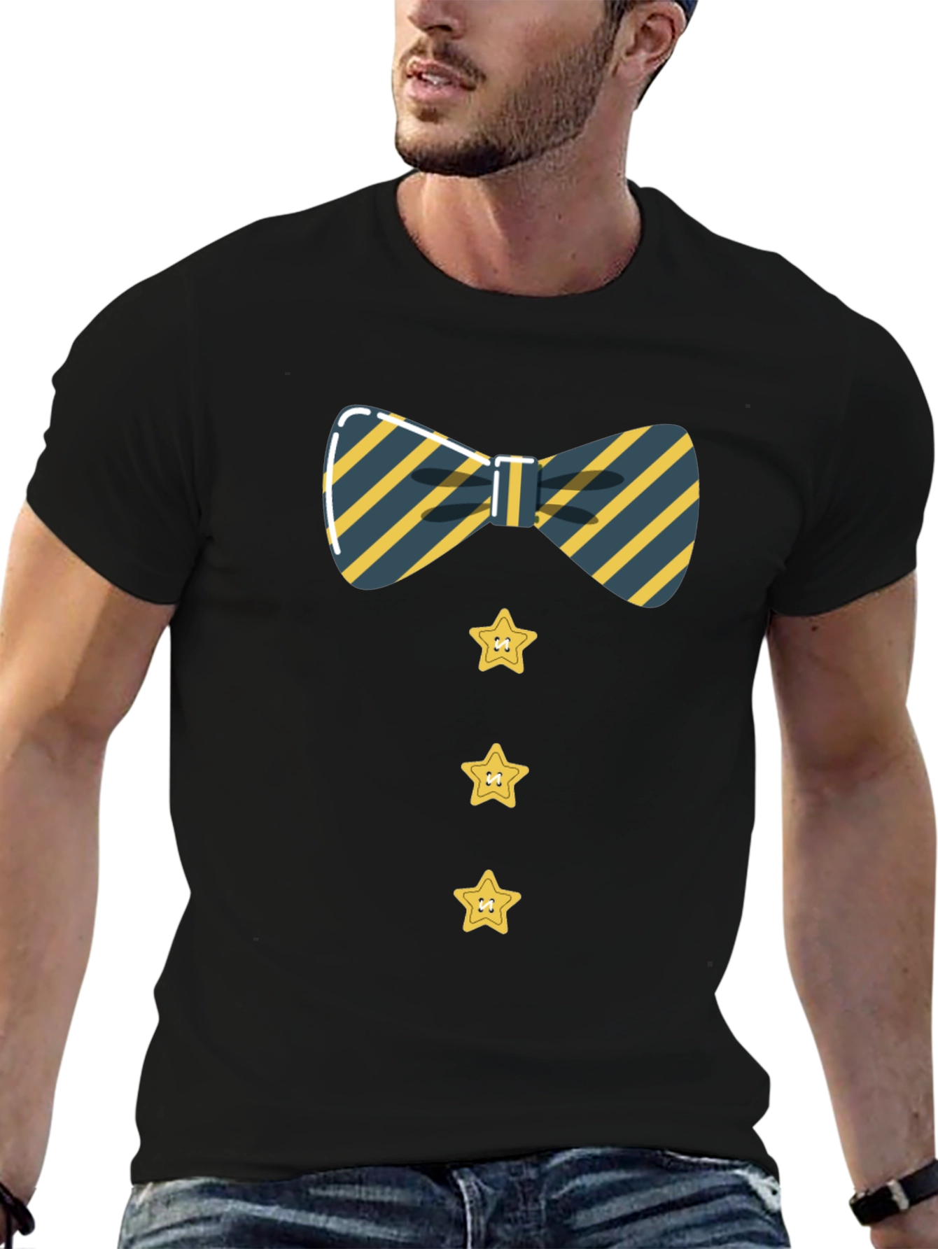 Black Striped Bowtie and Star Button Tee view 6