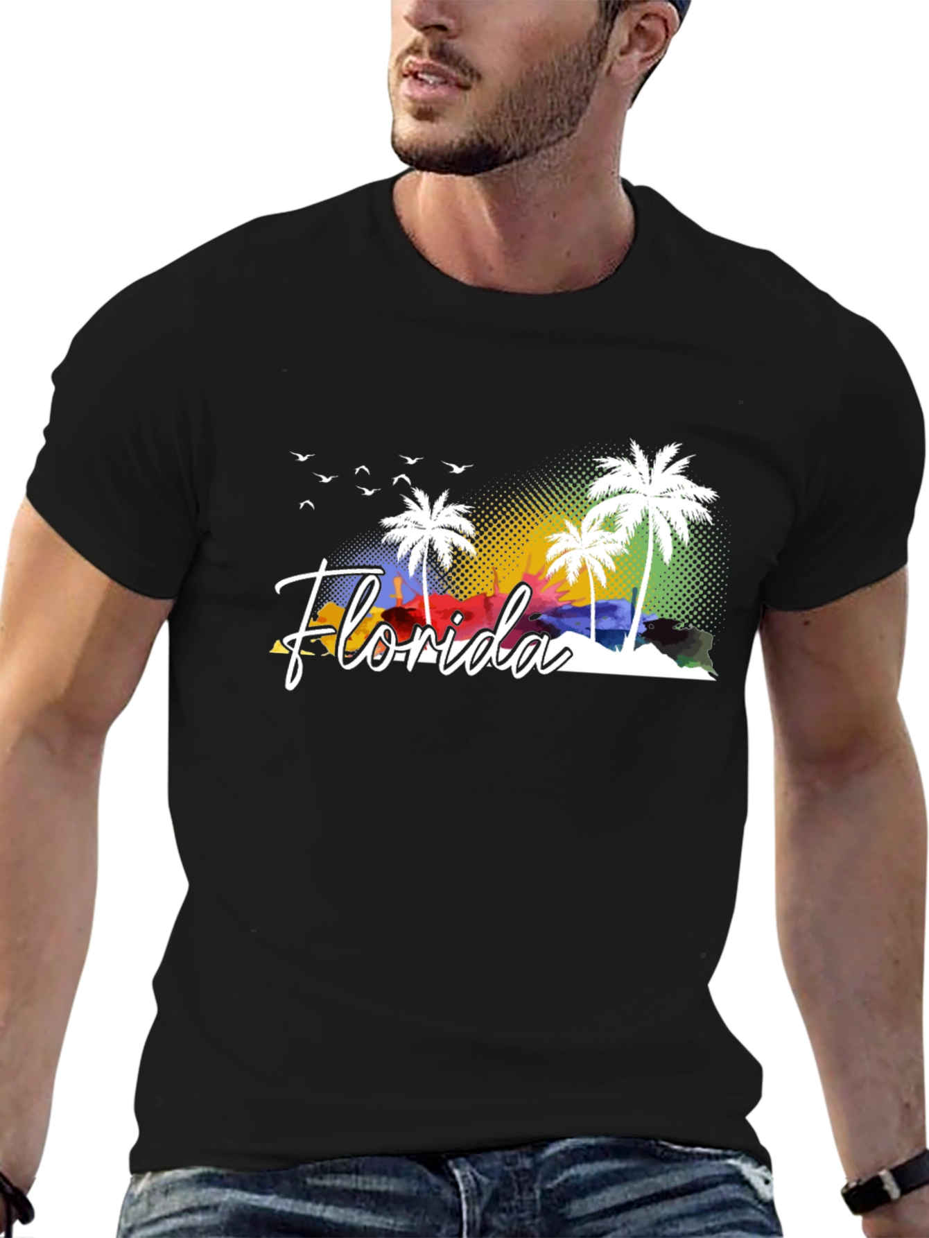 Black Florida Palm Tree Graphic Tee - Black Cotton T-Shirt view 6