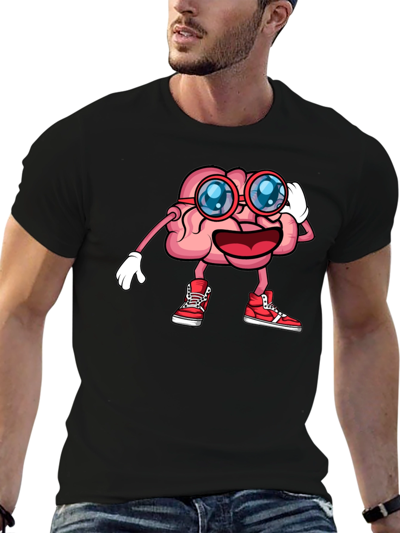 Black Brainy Graphic Tee - Funny Cartoon Brain T-Shirt view 6