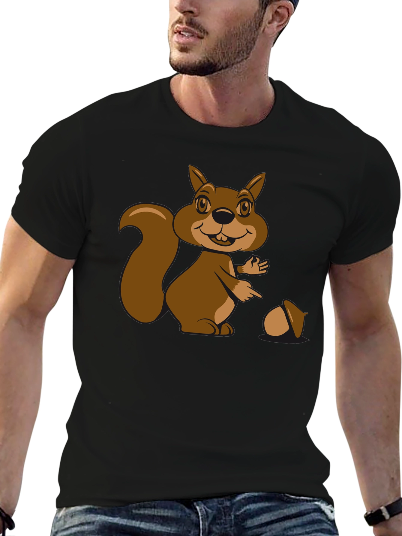 Black Cartoon Squirrel Graphic T-Shirt - Black Cotton Tee view 6