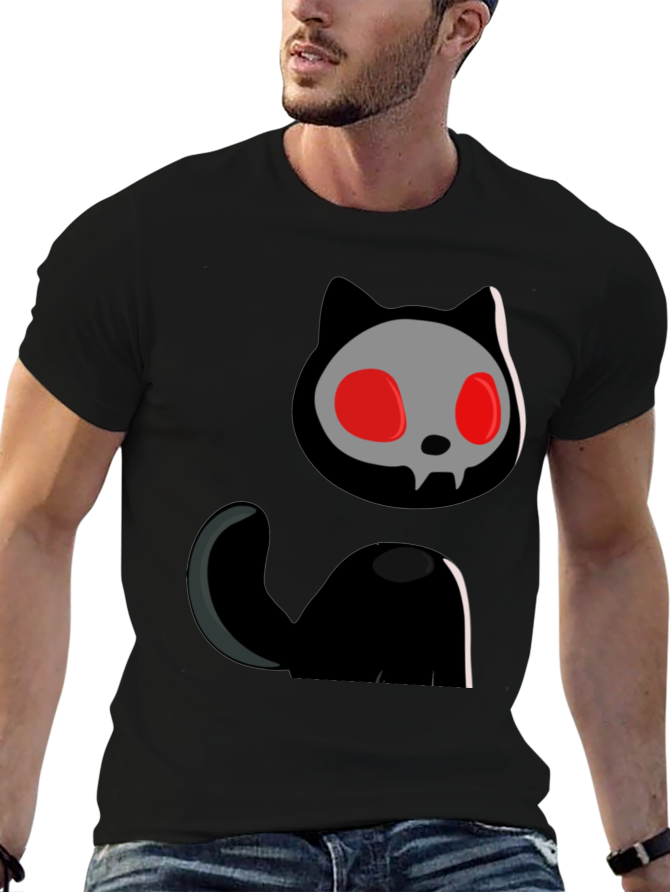 Black Skull Cat Graphic Tee - Black Cotton T-Shirt view 6