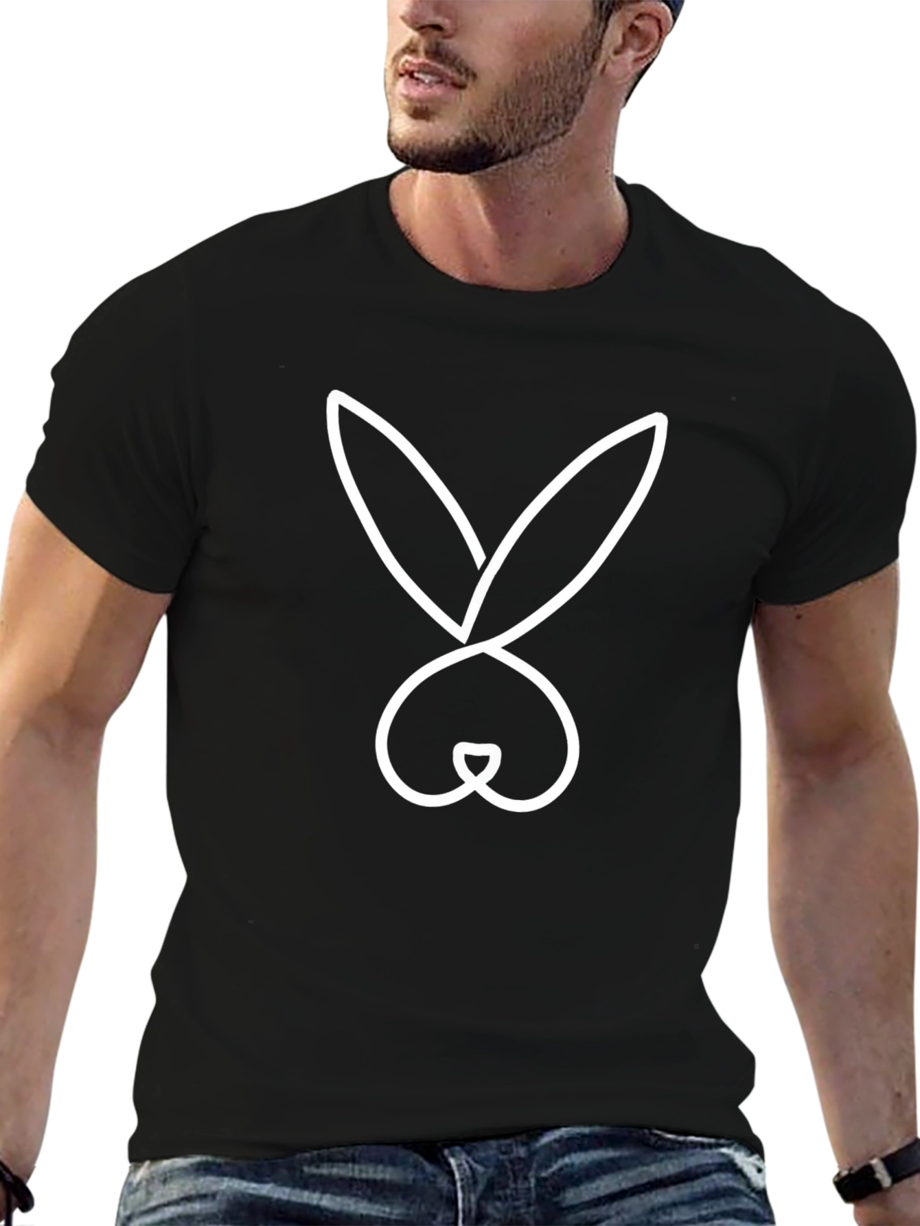 Black Minimalist Rabbit Outline Graphic Tee - Black Cotton Casual Shirt view 6