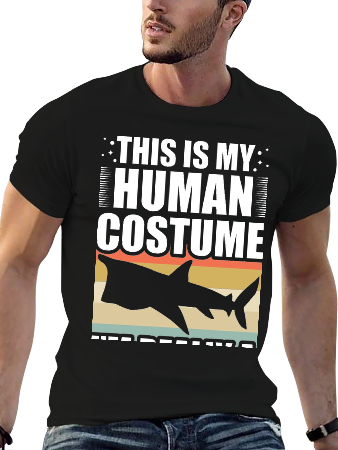 Black Human Costume Shark T-Shirt Funny Halloween Tee view 6