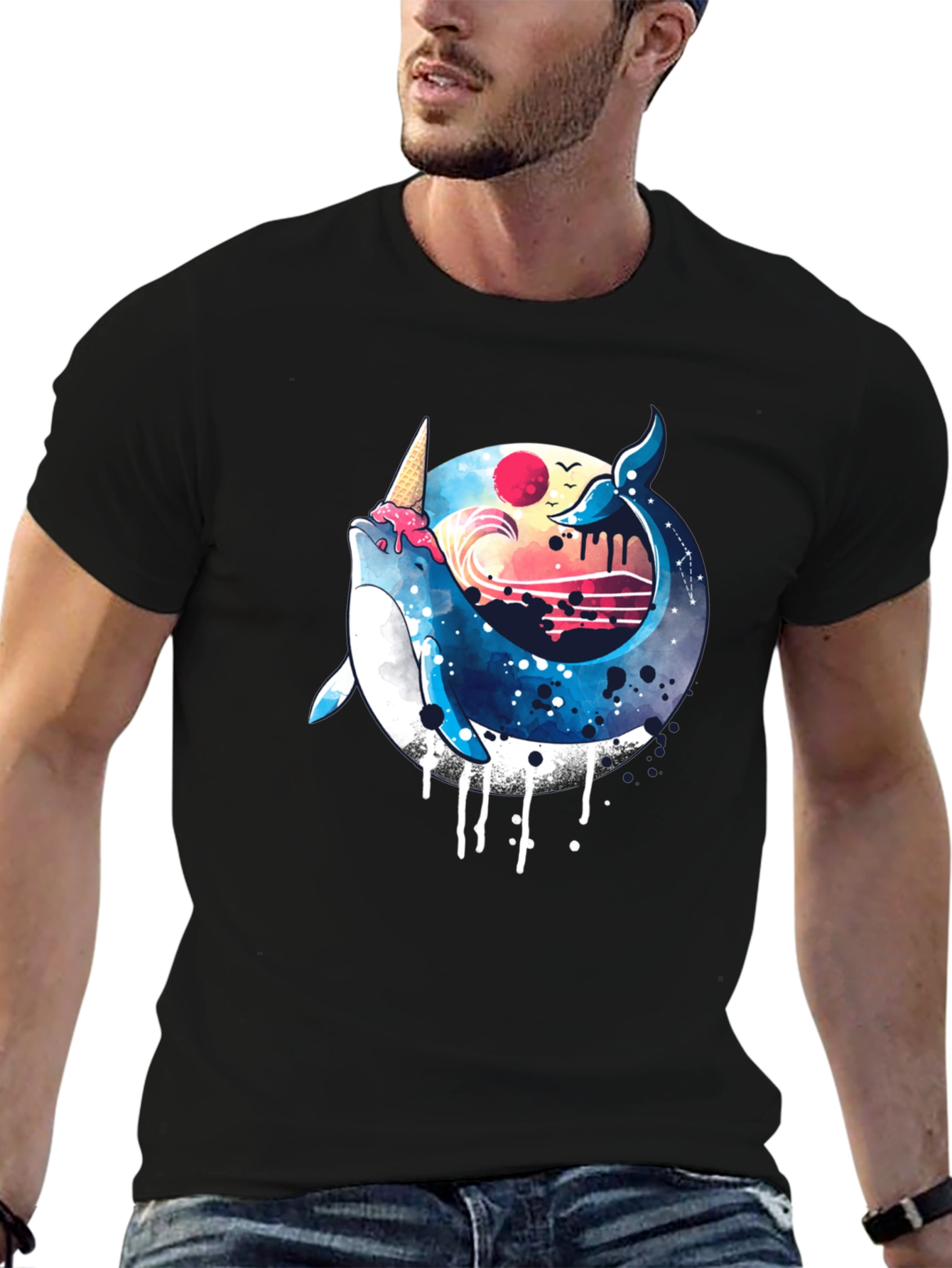 Black Whimsical Whale Ice Cream T-Shirt view 6